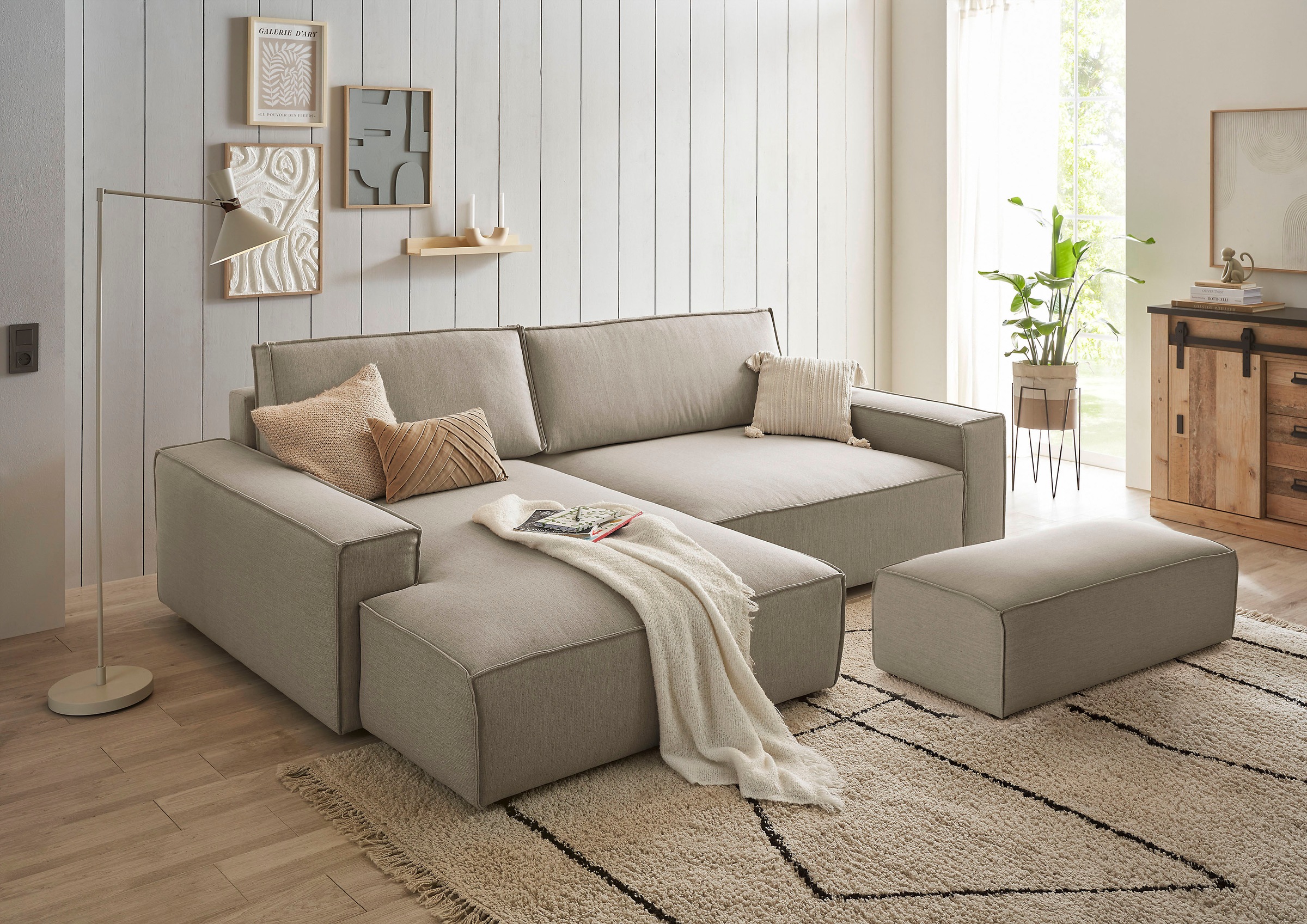 Home affaire Polsterecke »NEU: SHERWOOD XXL tief, L-Form mit Schlaffunktion, Big-Sofa mit Hocker«, (Set, 2 St.), stellbar zum Schlafsofa (Krokodilverbinder), Cord, Leinenoptik