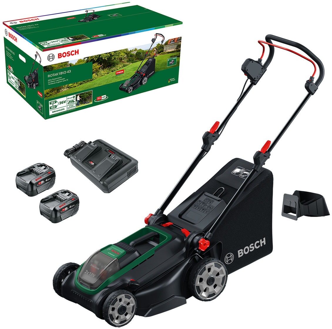 Akkurasenmäher, grün, BOSCH HOME & GARDEN, Rasenmäher, "ROTAK18V-43", Kraftvoller 3-in-1-Mäher für mittelgroße bis größere Rasenflächen