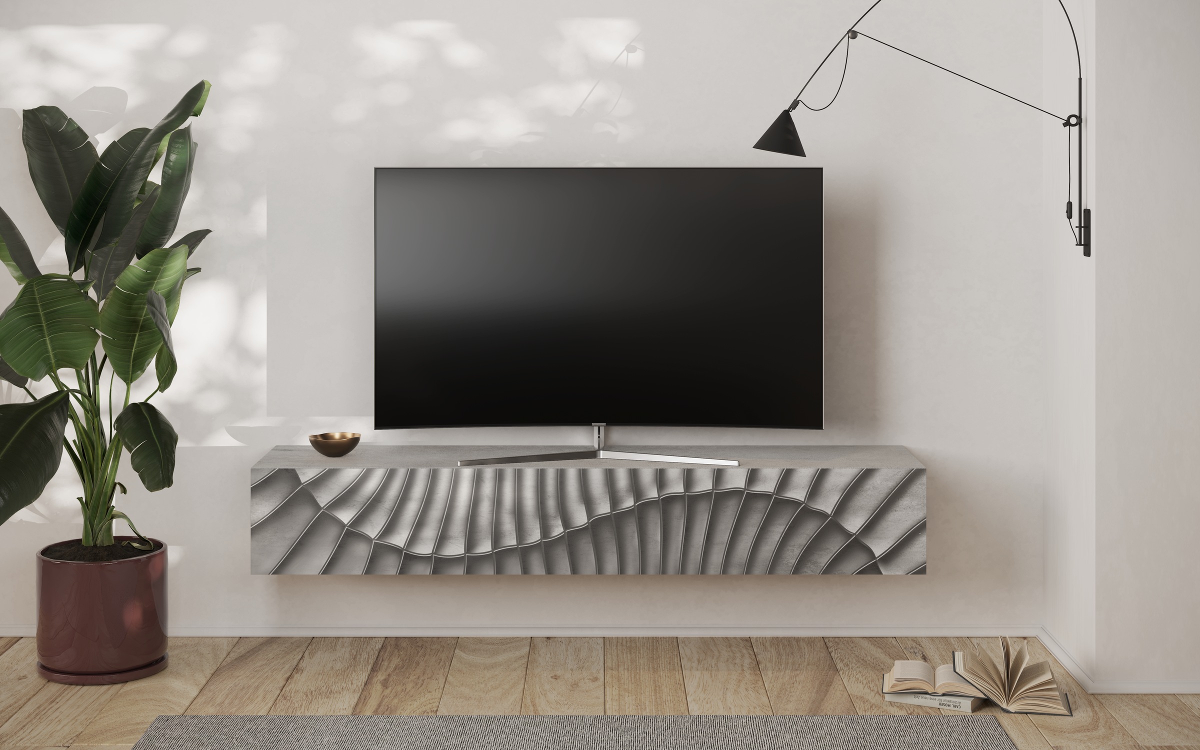 INOSIGN Lowboard »Snake Breite 180 cm, modernes TV-Board hängend mit 1 Klappe,«, TV-Möbel, TV-Schrank, Front mit Siebdruck