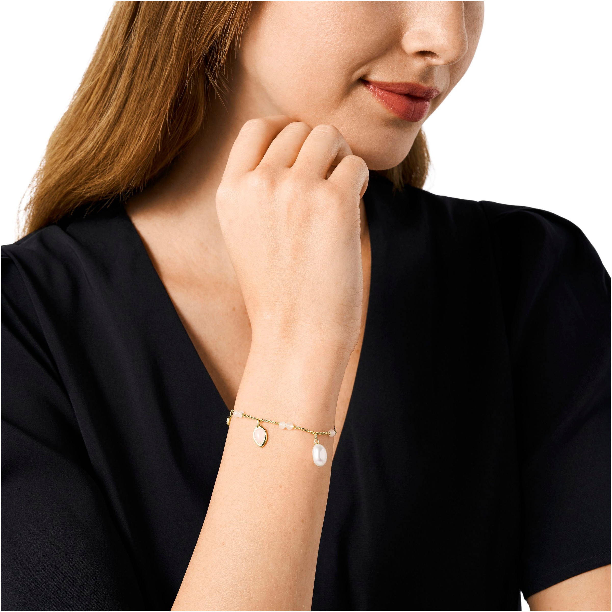 Emporio Armani Armband »Schmuck Geschenk Metall Armkette Gliederarmband, EGS3118710«, mit Rosenquarz, Zirkonia (synth.) - mit Süßwasserzuchtperle