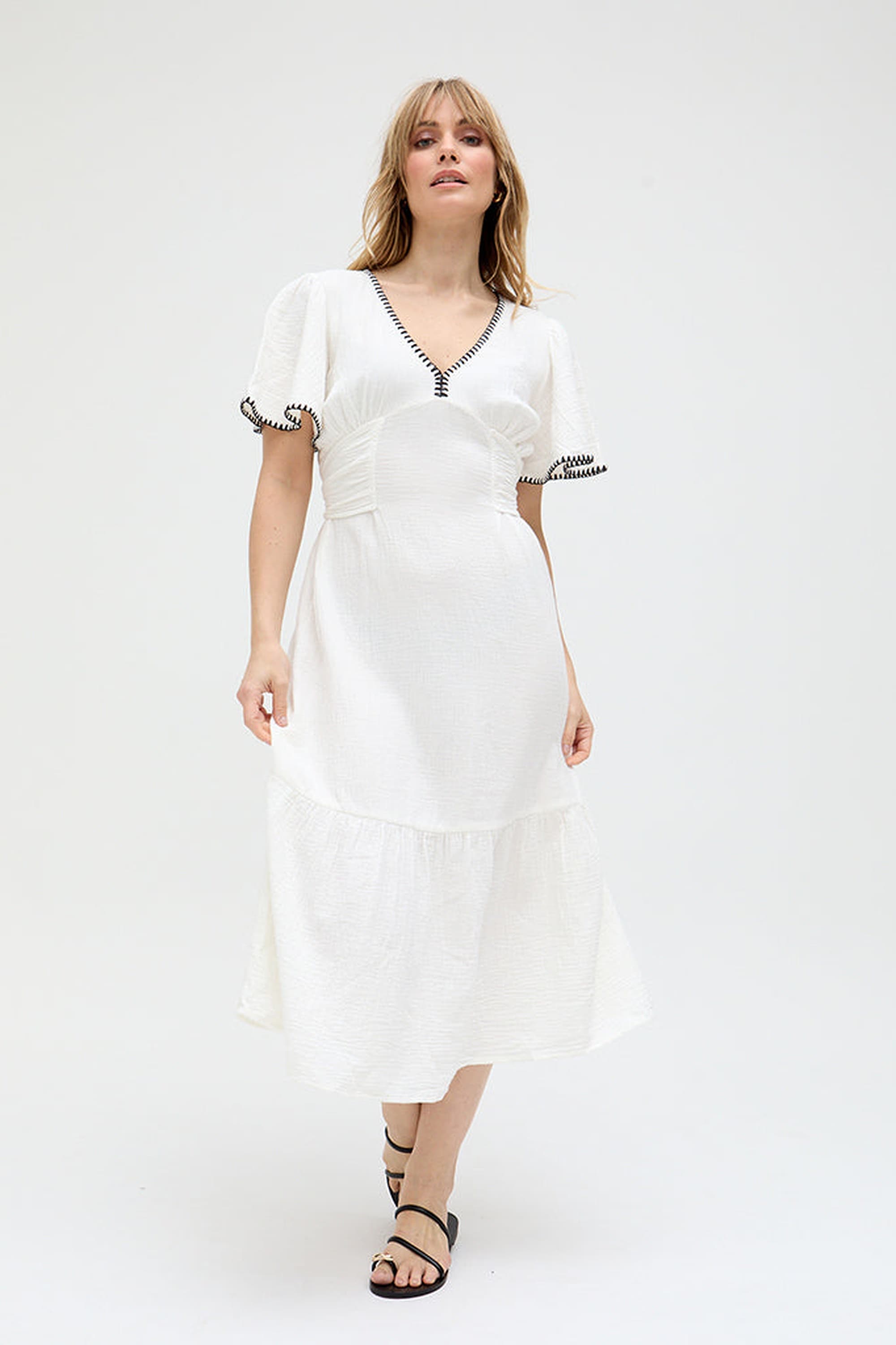 RAFFYA Midikleid »Delilah V-Neck Front Tie Midi Dress Damen«