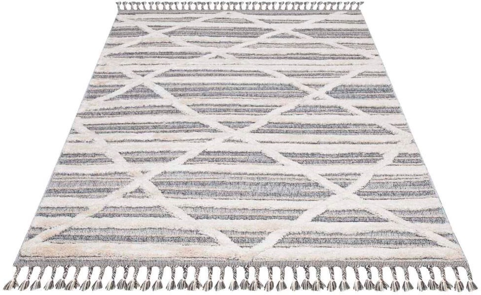 Carpet City Hochflor-Teppich »Valencia 810«, rechteckig, 20 mm Höhe, Läufer, Boho-Stil, 3D-Effekt, Raute, Hoch-Tief-Struktur, mit Fransen