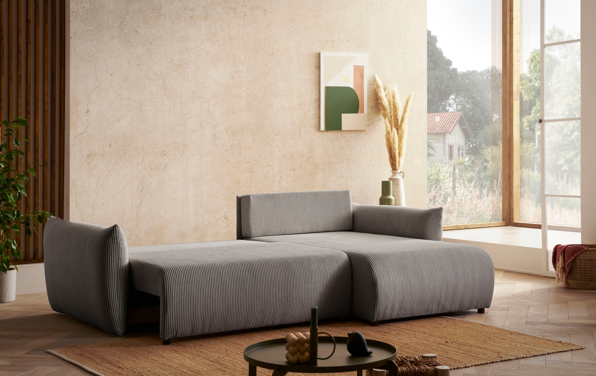 INOSIGN Ecksofa »MAVAS Schlafsofa mit Bettkasten, L-Form,«, ca.257/127cm (Liegefläche 212/145 cm), Cord, Chenille, Struktur
