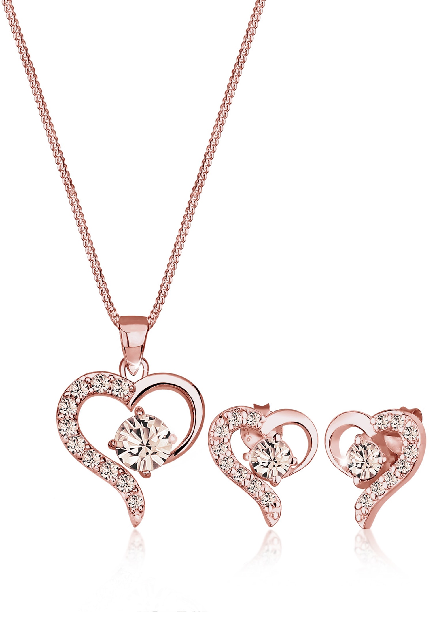 "Ohrring und Ketten Set ELLI ""Schmuckset Set mit Herz Weiß 925 Sterling Silber, mit Kristallen von Swarovski"" Gr. 45, braun, Schmuck_Sets, Damen