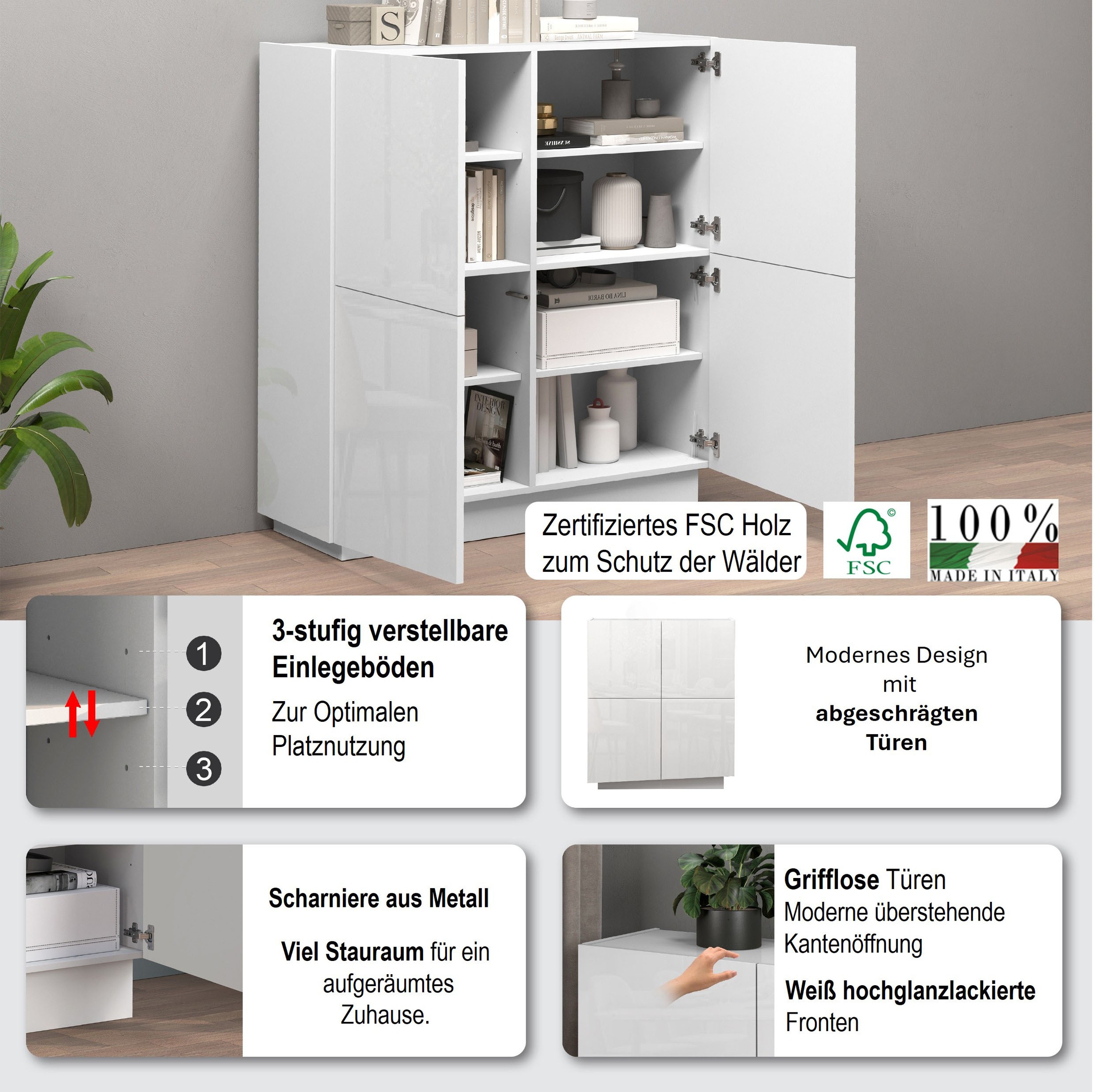 INOSIGN Highboard »VELA, Highboard, Höhe 120 cm,Design mit schrägen Türen«, (1 St.), Made in Italy, Maße-B/T/H: 100x35x120,hohes Sideboard,Anrichte,Kommode