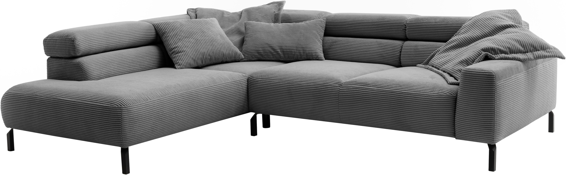Places of Style Ecksofa »Antonelli, L-Form, inkl. Kopfteilverstellung, Breite 276 cm«, ohne Sitztiefenverstellung, in Cord, dunkelgrau