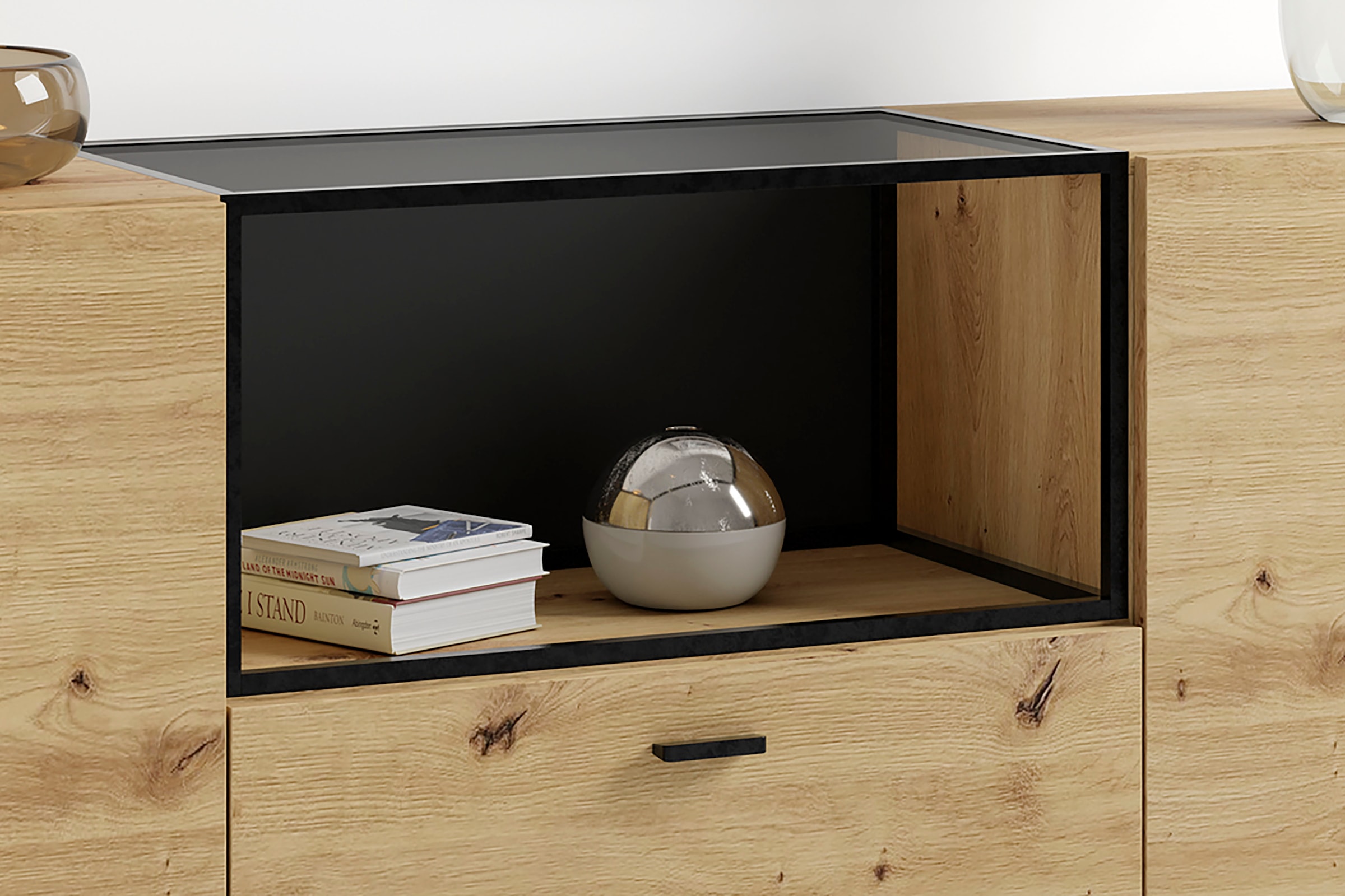 byLIVING Sideboard »Frame« 1 Stk. tlg. moderne Kommode mit Metalleinsatz und Glasplatte, 200cm breit.