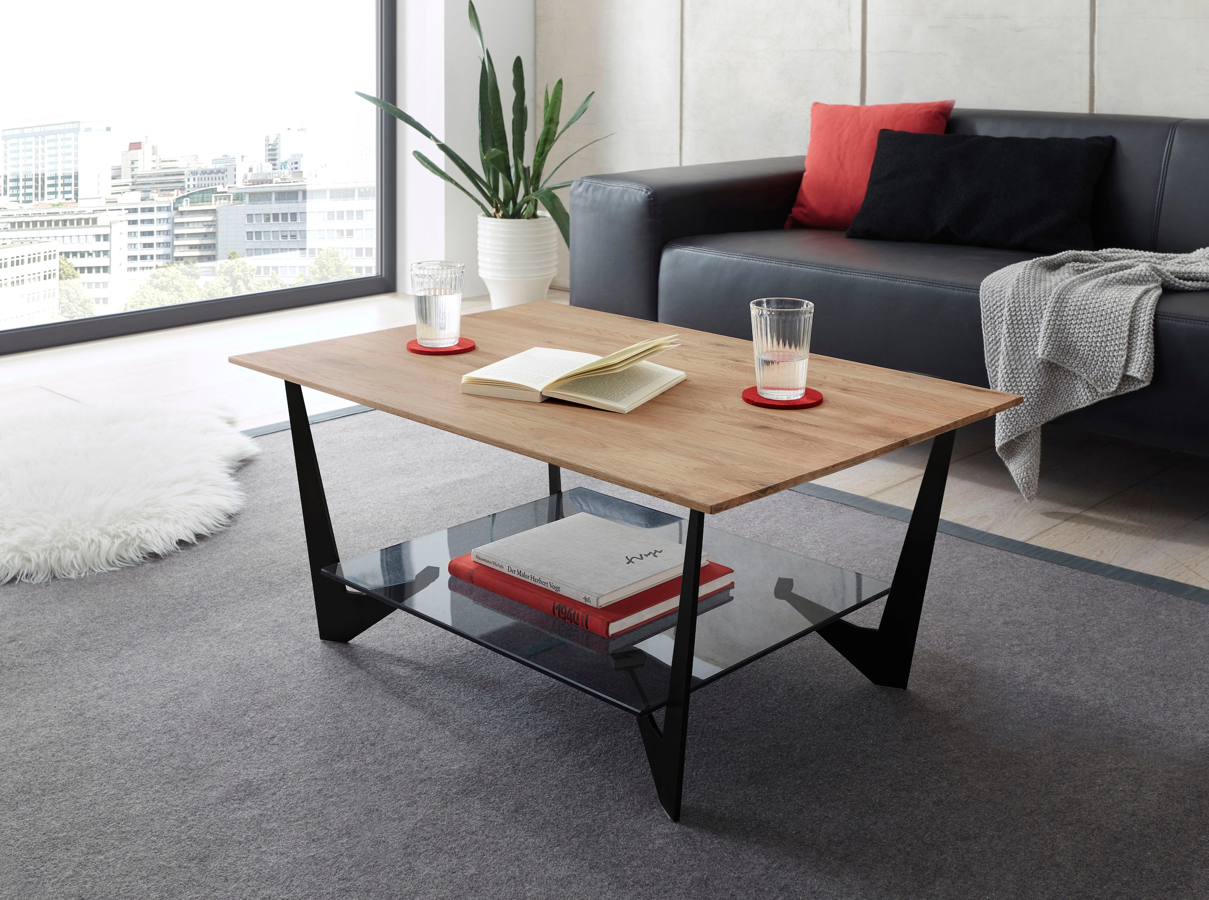 MCA furniture Couchtisch »Leon«, Eiche Natur geölt, Ablageboden Glas Grau  kaufen | BAUR