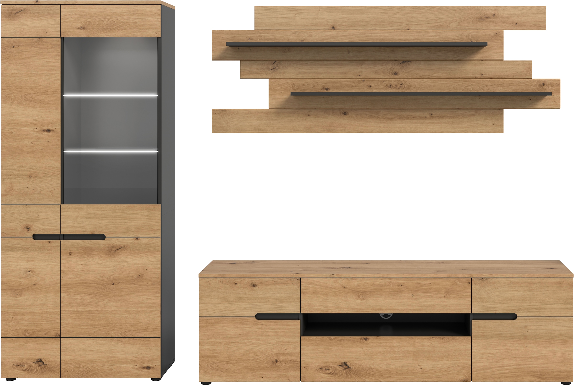 INOSIGN Wohnwand »REHAT, TOPSELLER!, 3-teilig, Breite 280 cm, inklusive Beleuchtung«, (5 St., Set inkl. Beleuchtung, bestehend aus: Vitrine, Lowboard und Wandboard), Kombination, Anbauwand, Set, Wohn-Set, Wohnzimmer-Set, Schrankwand