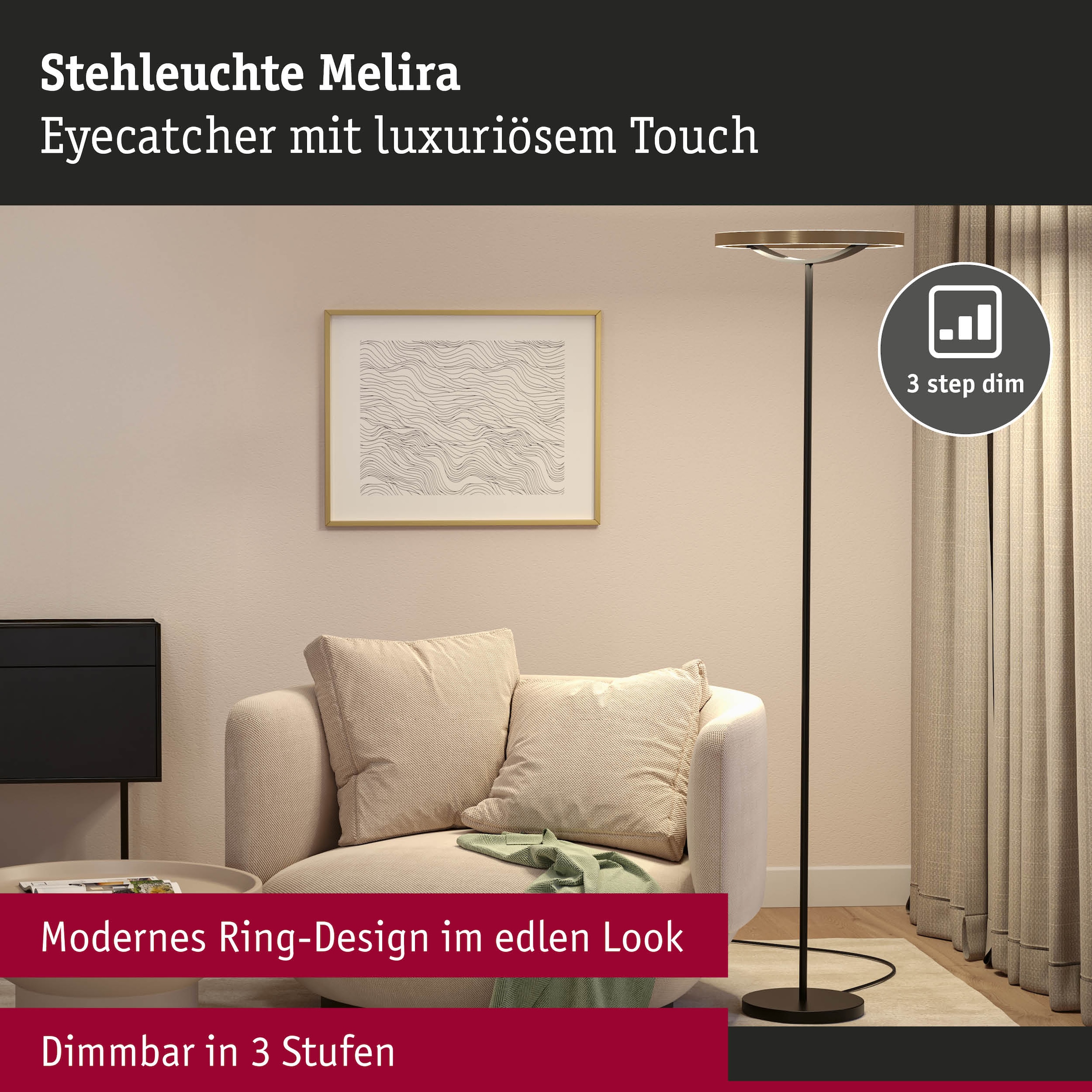 Paulmann LED Stehlampe »Melira LED 17,5W Gold /Schwarz 230V Metall« LED-Modul 1 Stk. 3-Step-Dim