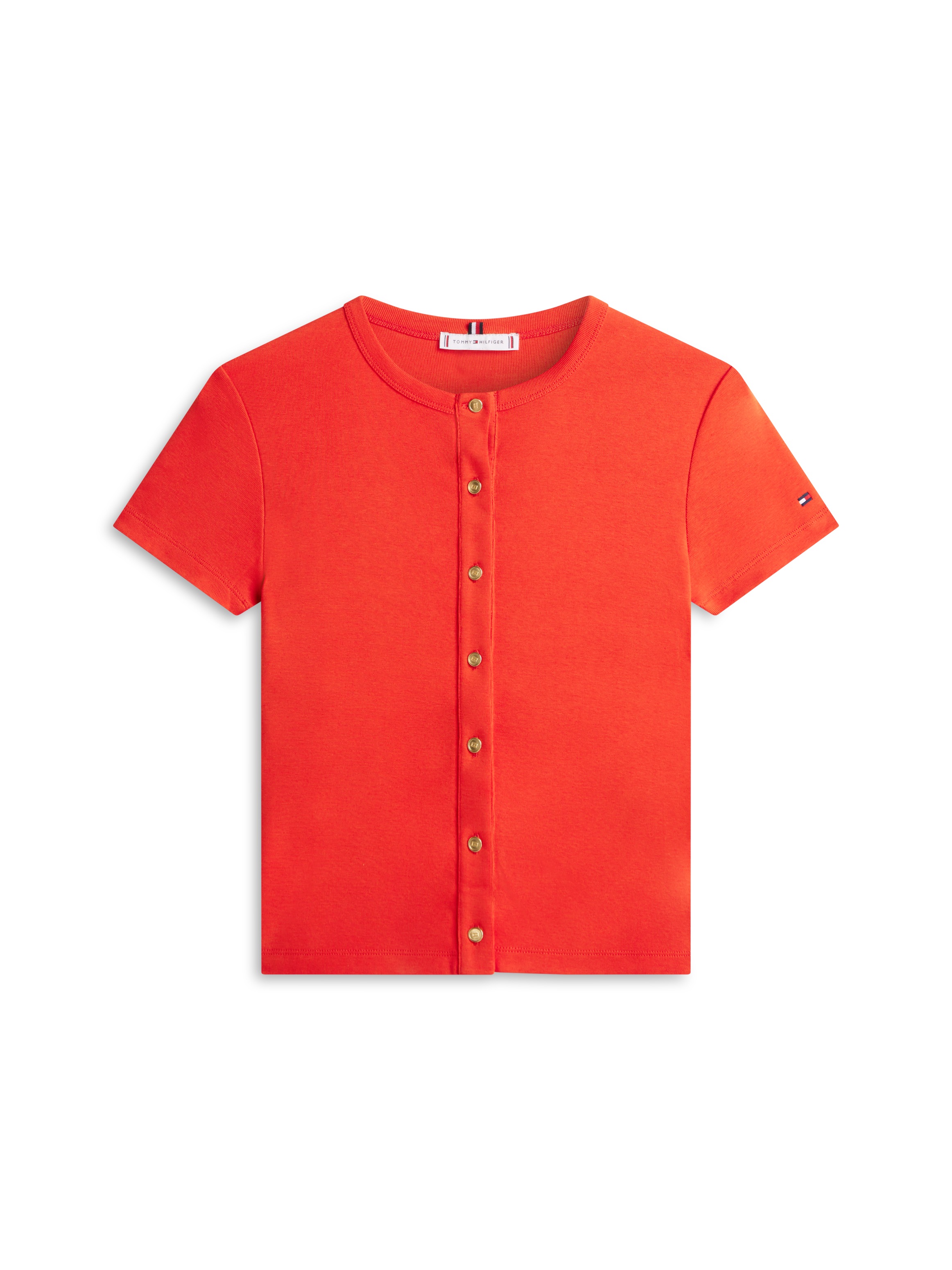 Kurzarmshirt TOMMY HILFIGER "GOLD BUTTON SLIM SS TEE", Damen, Gr. S (36/38), fireworks, Single Jersey, Obermaterial: 100% Baumwolle, unifarben, slim fit, Shirts 3