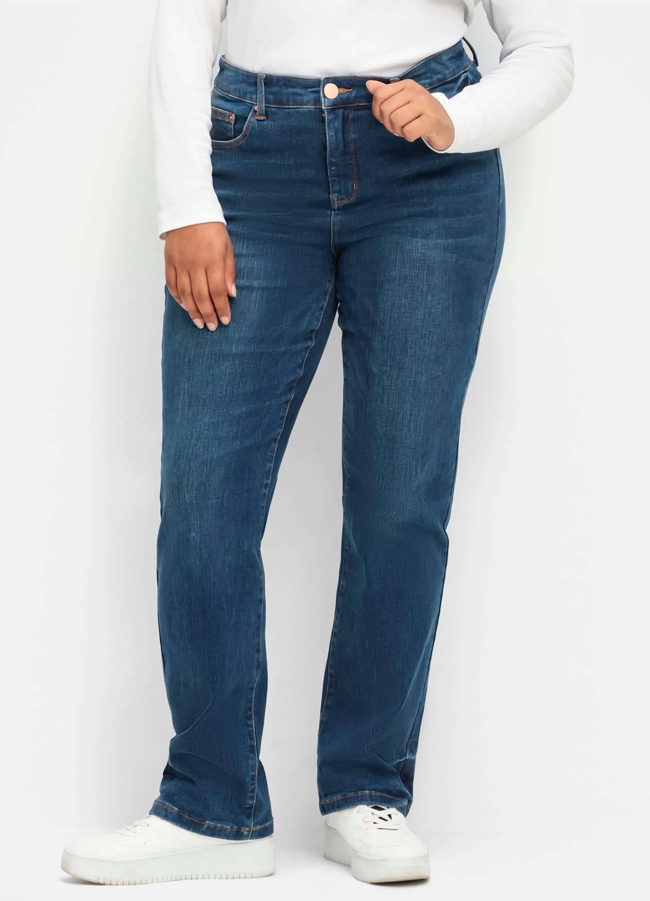 Bequeme Jeans SHEEGO, Damen, Gr. 28, Kurzgrößen, blau (dunkelblau denim), 96% Baumwolle, 4% Elasthan, unifarben, lang, Jeans