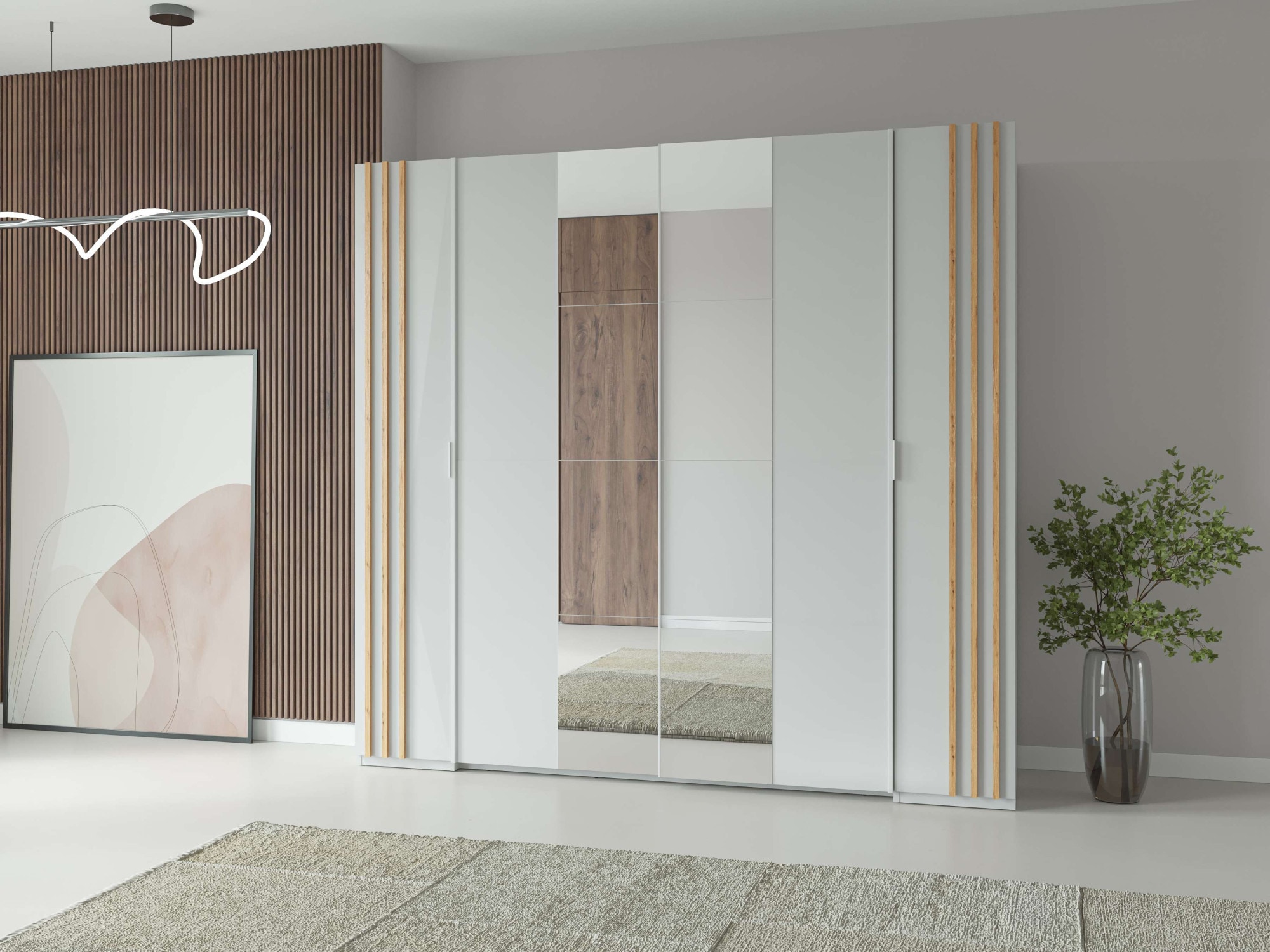 OTTO home Kleiderschrank "Kleiderschrank Caleera mit Spiegel, 10 Einlegeböden und Kleiderstange" Garderobe mit 2 Schwebetüren und 2 Drehtüren, BxHxT 219,6x207,5x62 cm