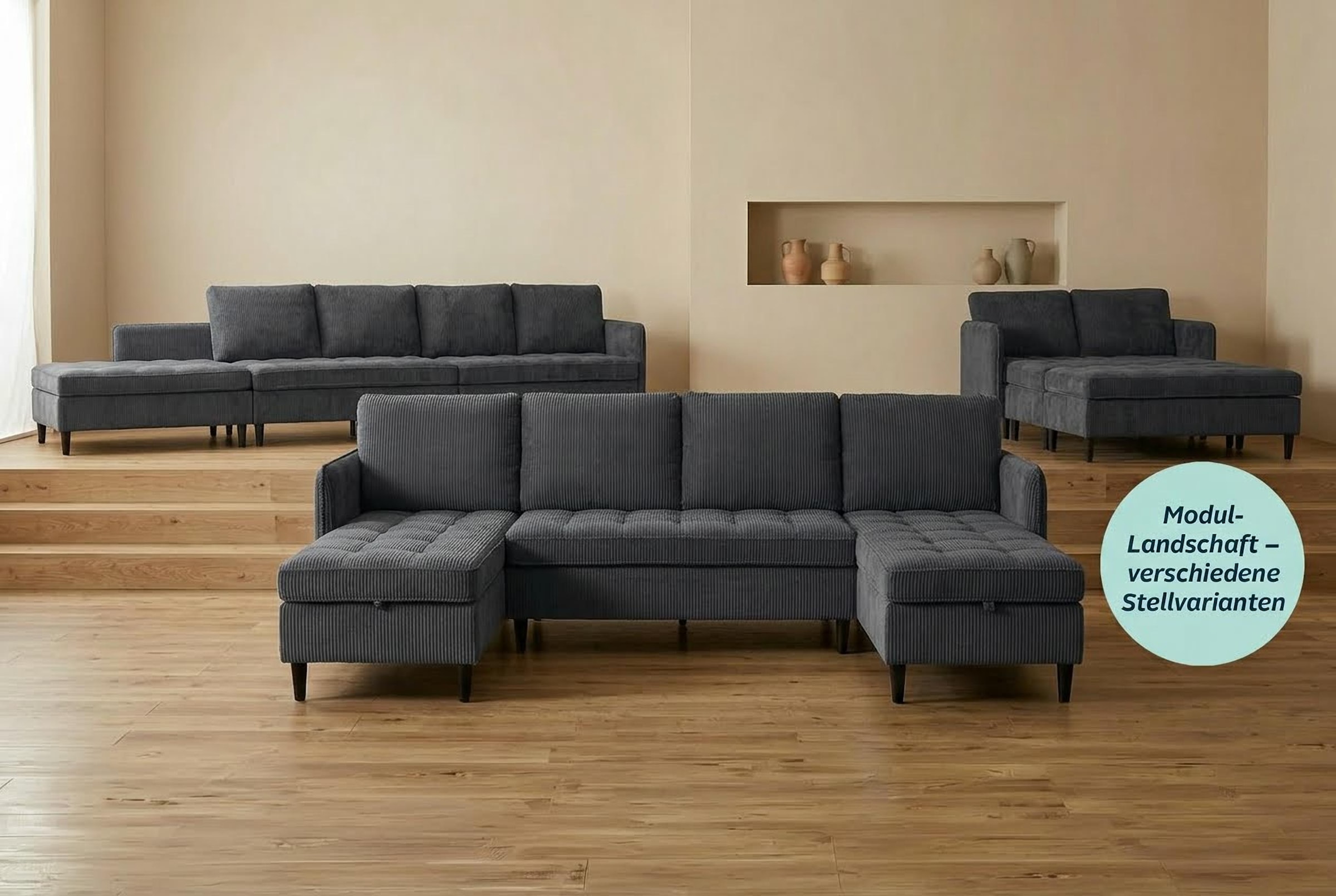Dorel Home Wohnlandschaft "LINDHUS, Cord, Modulsofa, verschiedene Stellvarianten" Breite als U-Form (254cm) mit Verbindern fixierbar, Recamiere,Stauraum