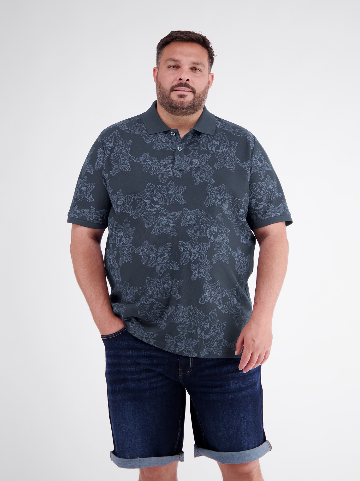 LERROS Poloshirt "Poloshirt mit Print und Flachstrickkragen, große Größen"