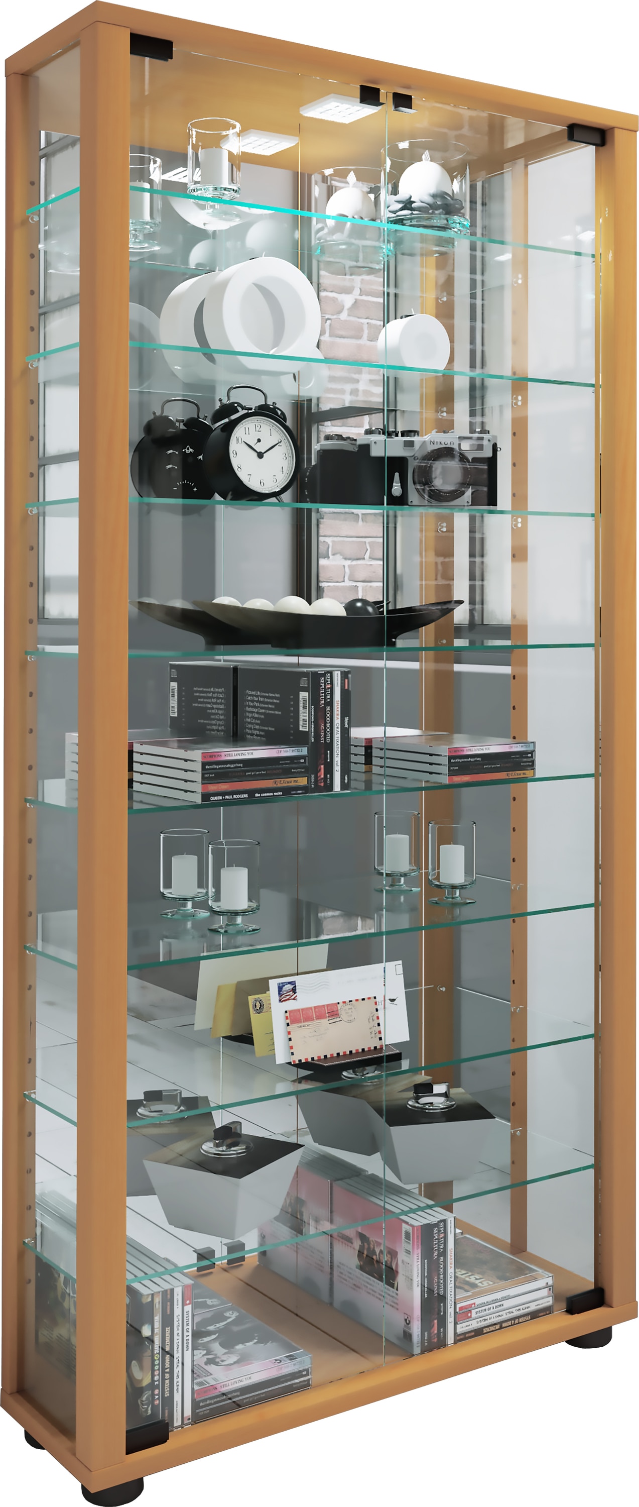 Vitrine VCM, B:59cm H:115cm T:18cm, braun, Obermaterial: 100% Holz Wood., Wohnzimmer, Schränke, "VCM Glasvitrine stehend Vitrine Glas mit