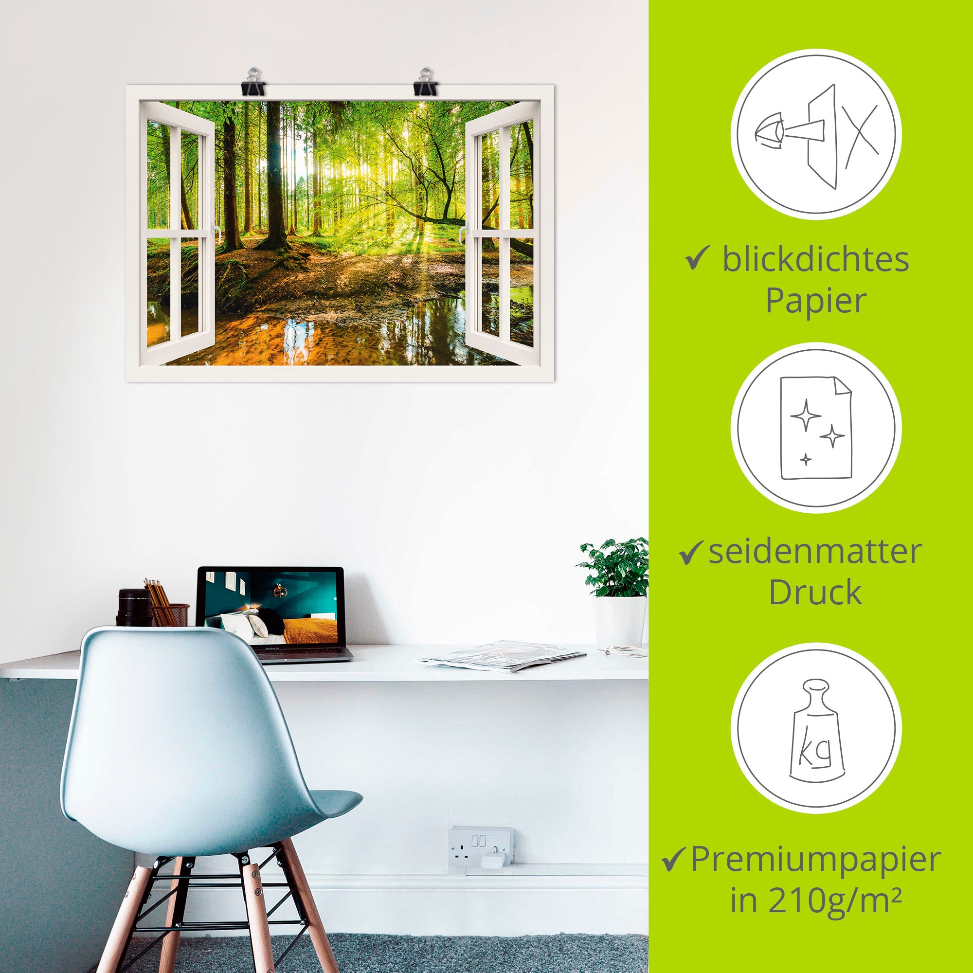 Artland Wandbild »Fensterblick - Wald mit Bach«, Wald, (1 St.), als Leinwandbild, Poster, Wandaufkleber in verschied. Größen