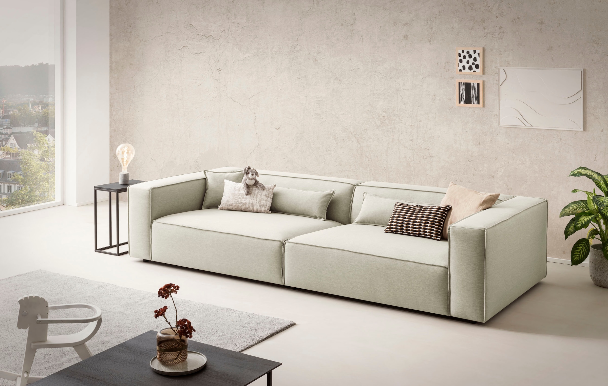 LeGer Home by Lena Gercke 3-Sitzer "PIARA XXL Struktur u. Leinenoptik, Sofa mit Kedernaht" schwarze Füße, bequemer Sitzkomfort, extra tiefe Sitzfläche