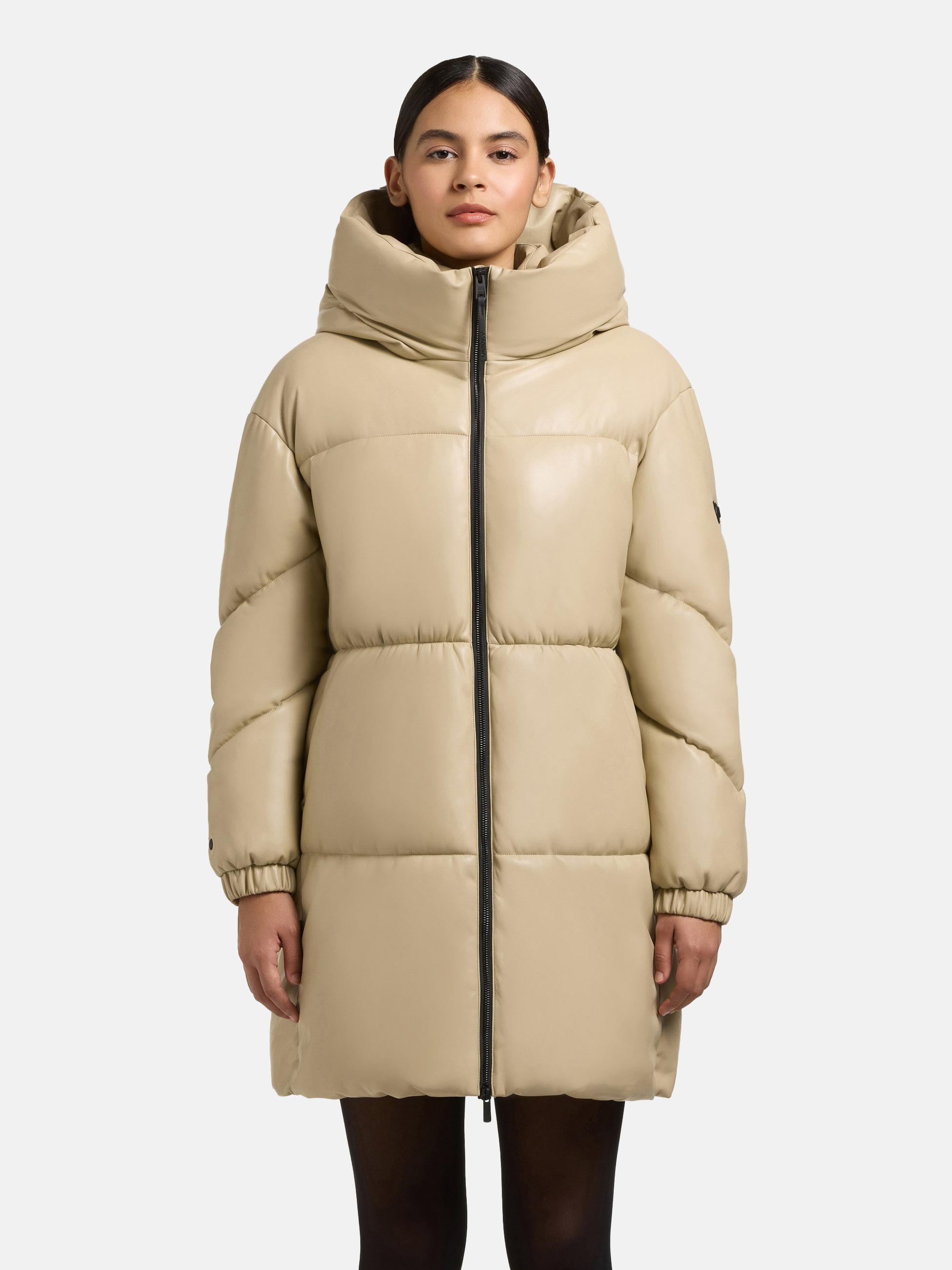 Wintermantel KHUJO "Lorsa", Damen, Gr. S (36), beige, Obermaterial: 100% Polyurethan; Innenfutter: 100% Polyester; Wattierung: 100% Polyester; Beschichtung: 100% Polyurethan, loose fit ca. Mitte Oberschenkel, hoch geschlossener Ausschnitt, Ärmel ohne Ärme