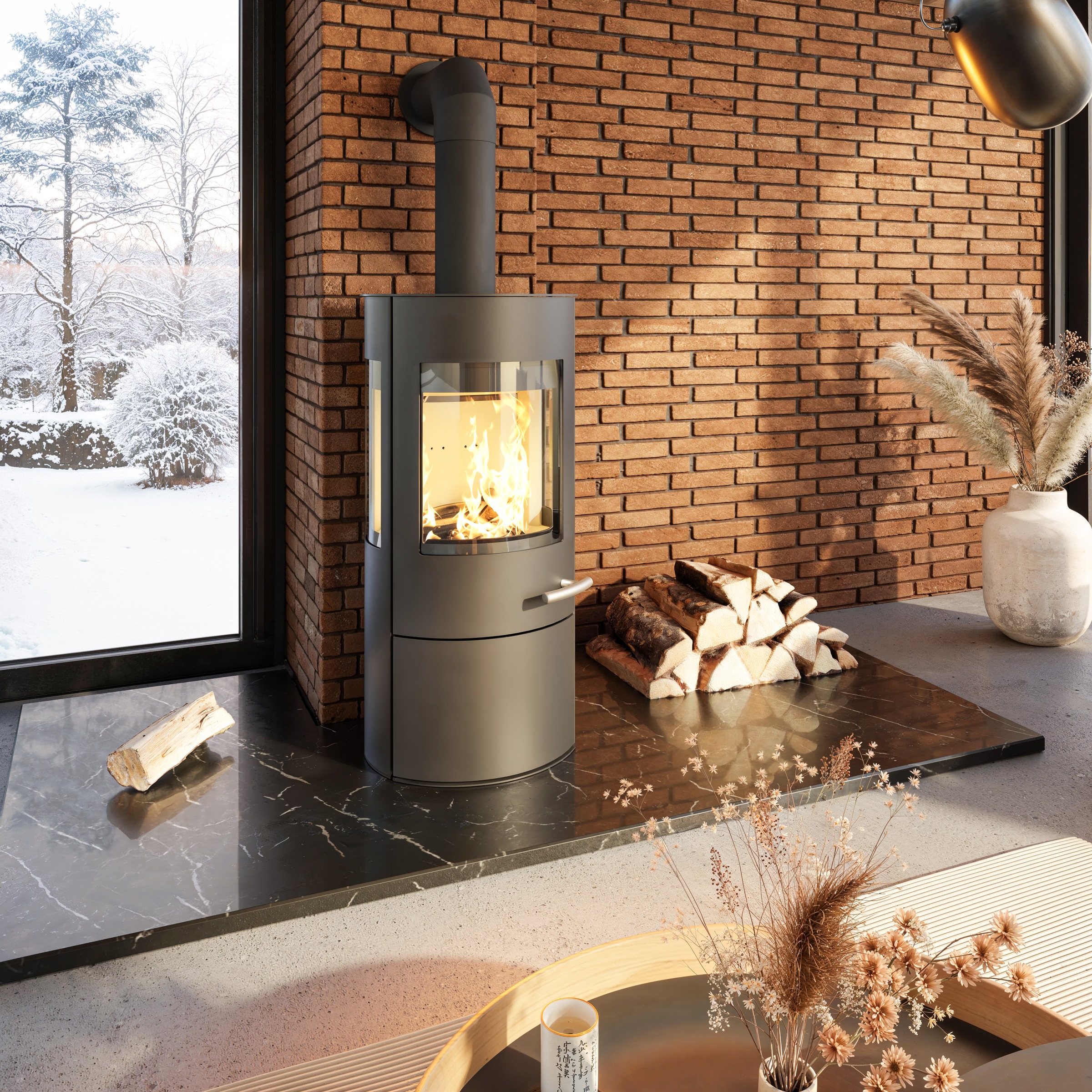 Haas + Sohn Kaminofen "VITUS.l schwarz, 3 Scheiben, Warmhalteplatte, Holzfach und Türe" tief-schwarz