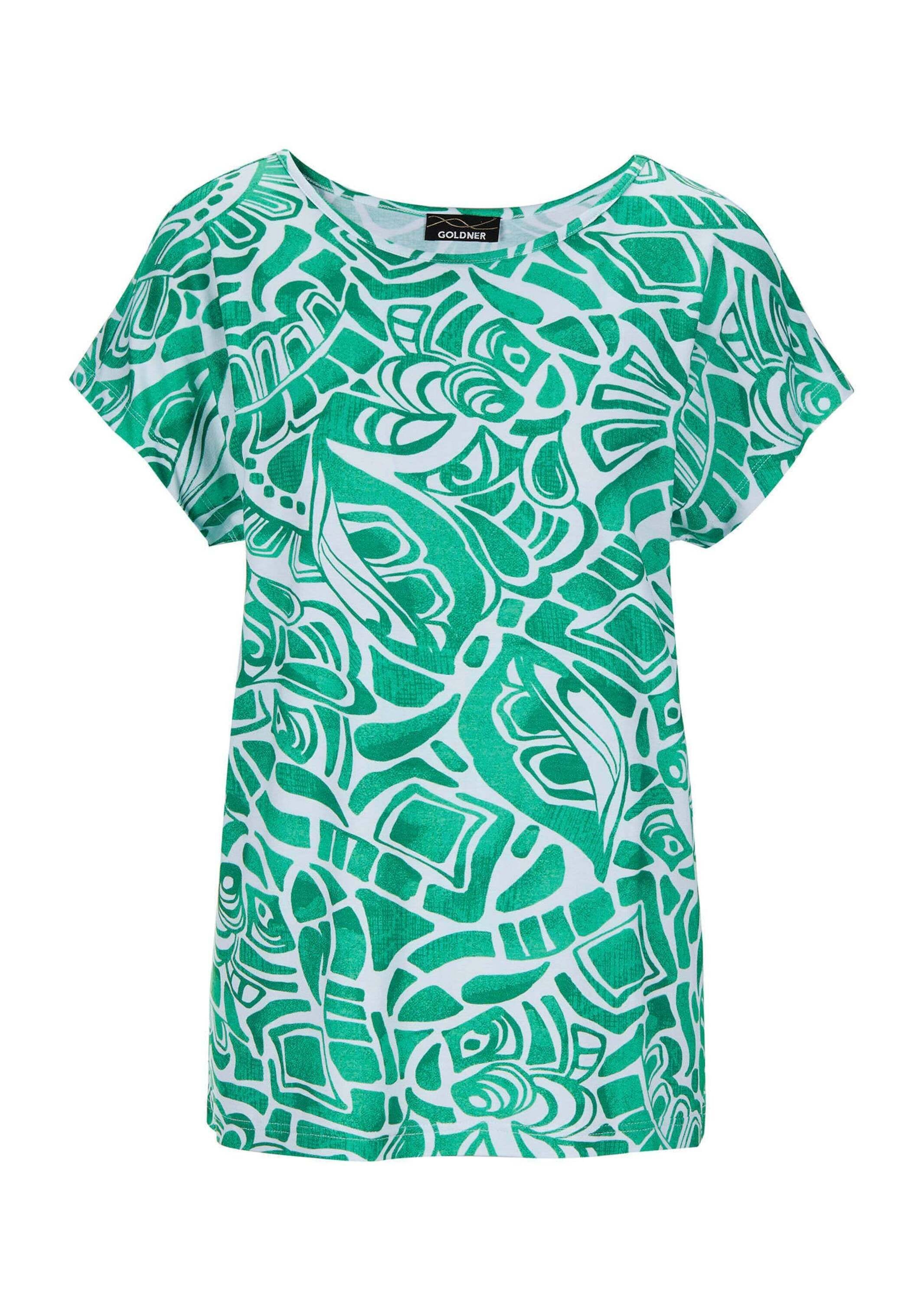 Print-Shirt GOLDNER "Damen Oberteil Ethnoprint Kurzarm", Damen, Gr. 42, grün (grün, gemustert), Obermaterial: 95% Viskose CV. 5% Elasthan EL., figurumspielend, normales Bündchen, Shirts, Druck mit Struktureffekt