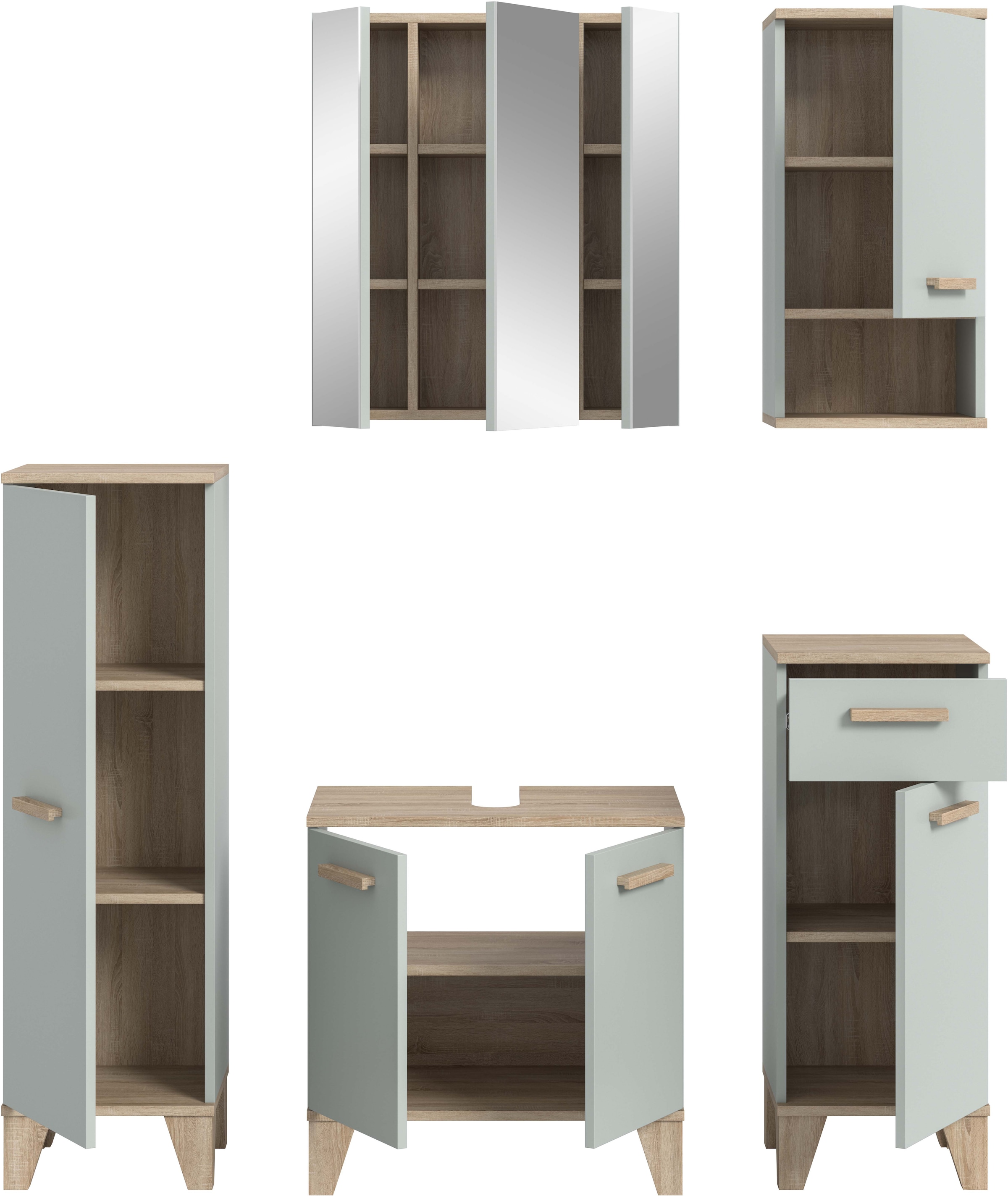 welltime Badmöbel-Set »MINTTU, 5-teilige moderne Badkombination im SCANDI-Look« bestehend aus: 2x Midischrank, WBU, Spiegelschrank, Hängeschrank, 5 Stk. tlg.
