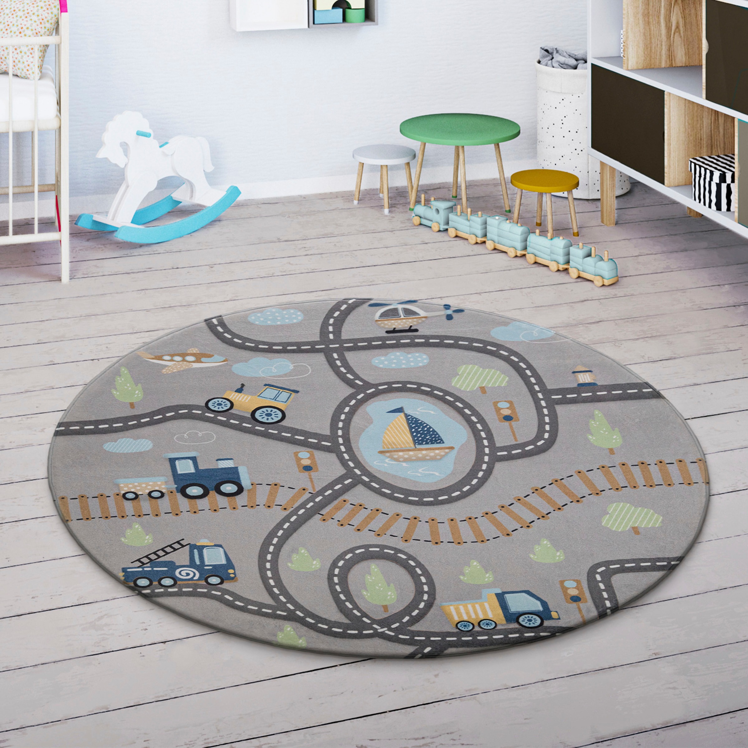 Paco Home Kinderteppich "Chicos 562", rund, 4 mm Höhe, Flachgewebe, Straßen-Spiel-Teppich, Kinderzimmer