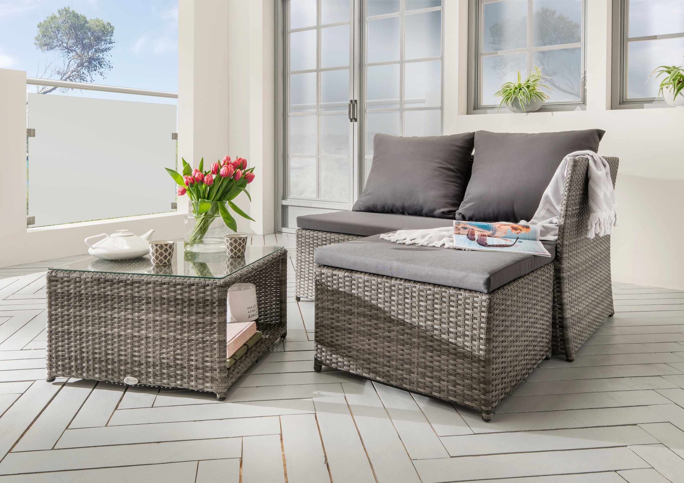 Destiny Balkonset »LOFT«, (8 tlg., 1x 2er Sitzer, 1x Hocker, 1x Tisch, inkl. Auflagen), Aluminium, Polyrattan