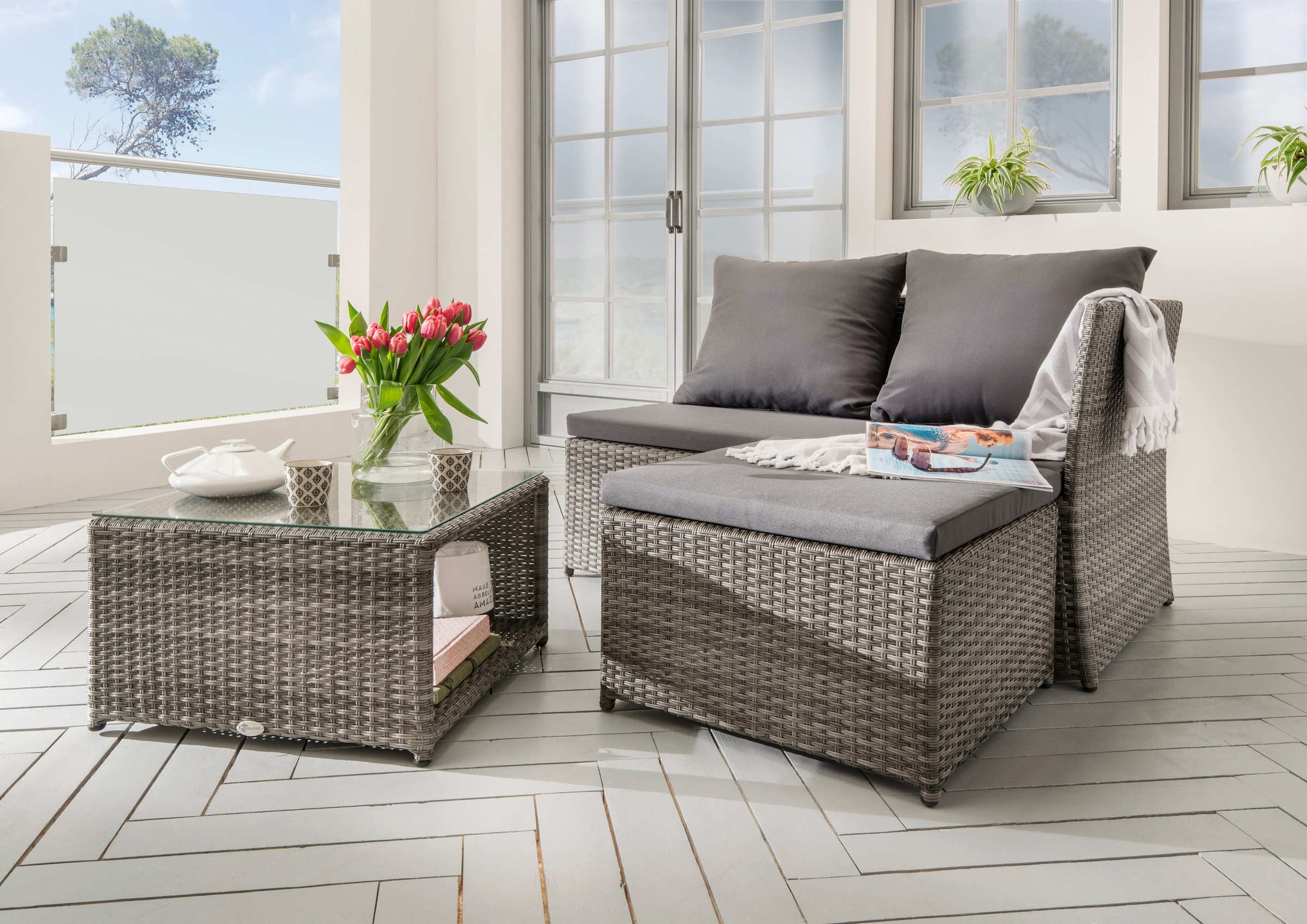 Destiny Gartenmöbelset Loft, (3 tlg.), Bank, Hocker, Tisch 56x56 cm, Polyrattan