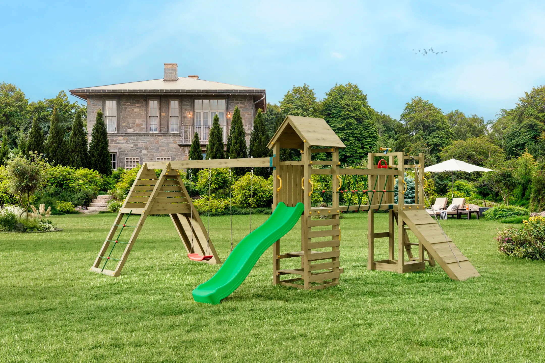 FUNGOO Spielturm »Maxi Funny Carnival«, (Packung), Spielturm mit Rutsche, Schaukeln, Kletterwand und Seilbrücke