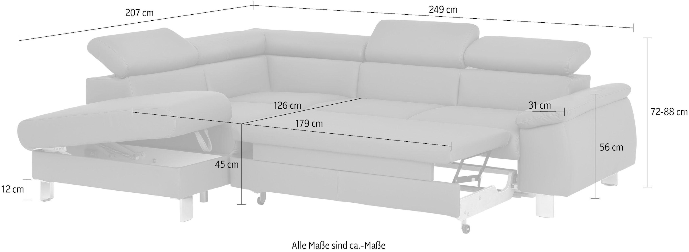 COTTA Ecksofa »Komaris L-Form mit Kopfteilverstellung«, wahlweise mit Bettfunktion, Bettkasten & Beleuchtung