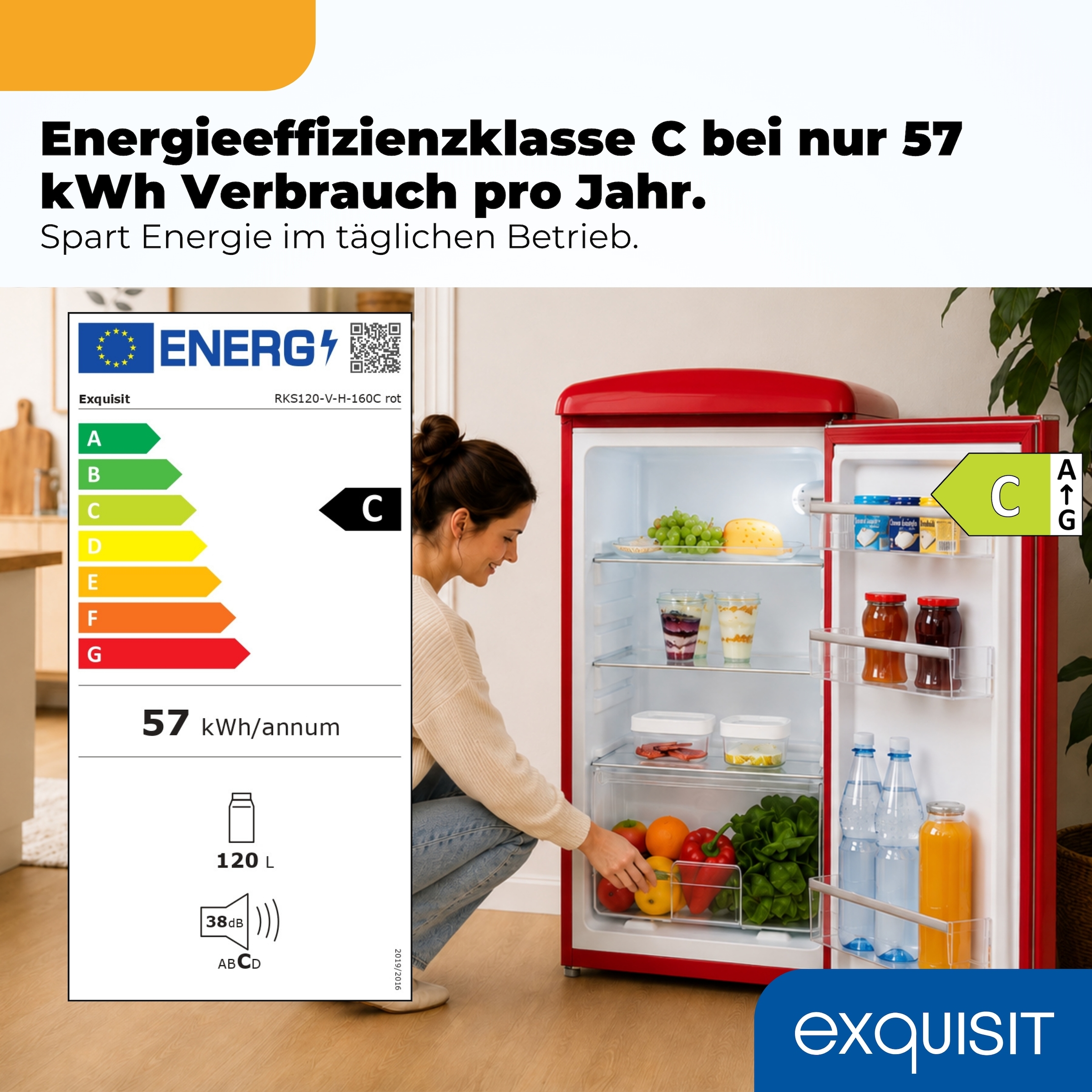 exquisit Kühlschrank »RKS120-V-H-160C rot« 89,5 cm hoch 54,5 cm breit LED-Beleuchtung, verstellbare Glasböden, Retro-Design