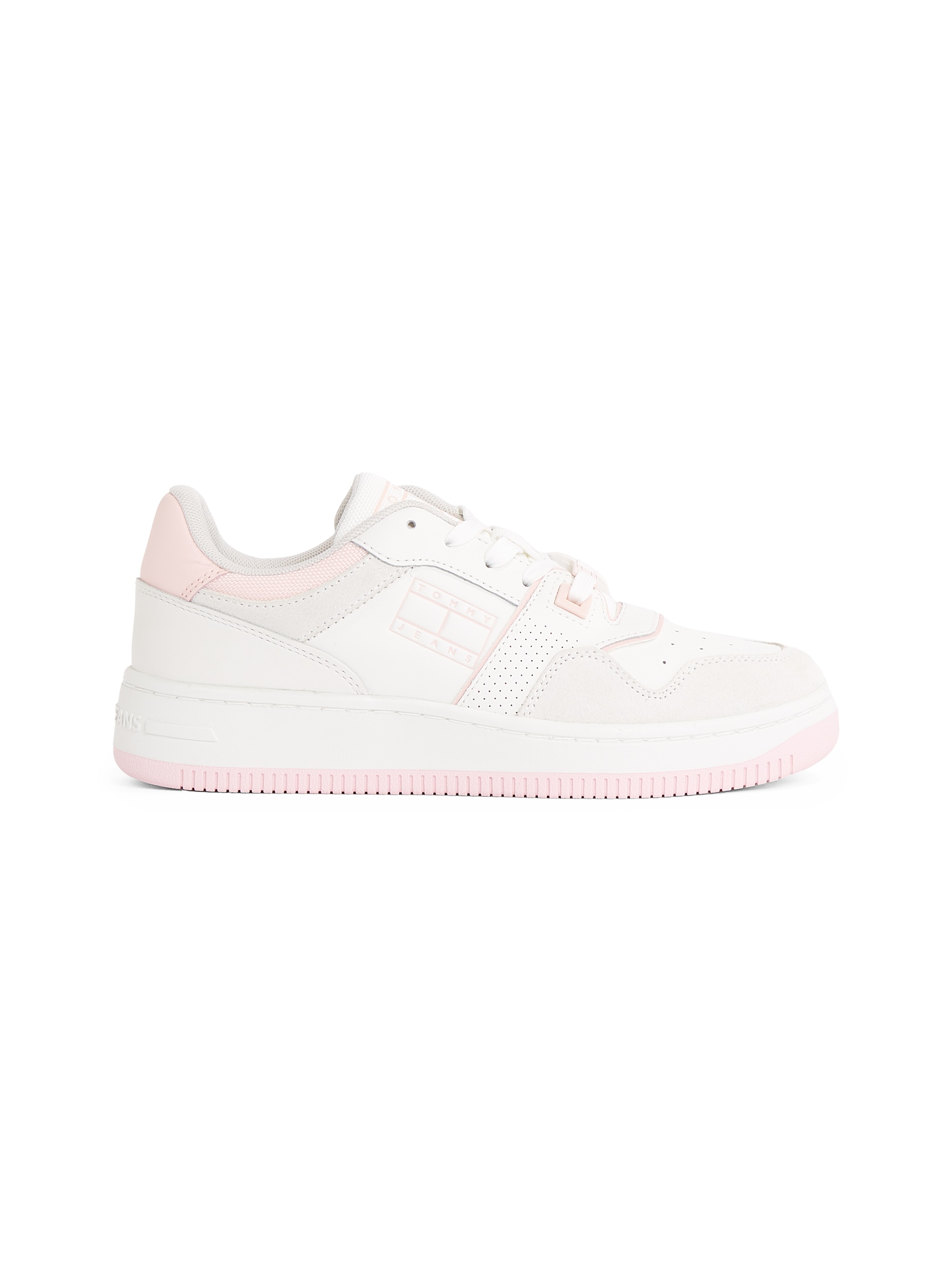 Plateausneaker TOMMY JEANS "TJW RETRO BASKET WASHED SUEDE", Damen, Gr. 38, rosa (weiß, rose), Leder, Lederimitat, Schuhe Plateausneaker, Freizeitschuh, Halbschuh, Schnürschuh im Basket Look 3