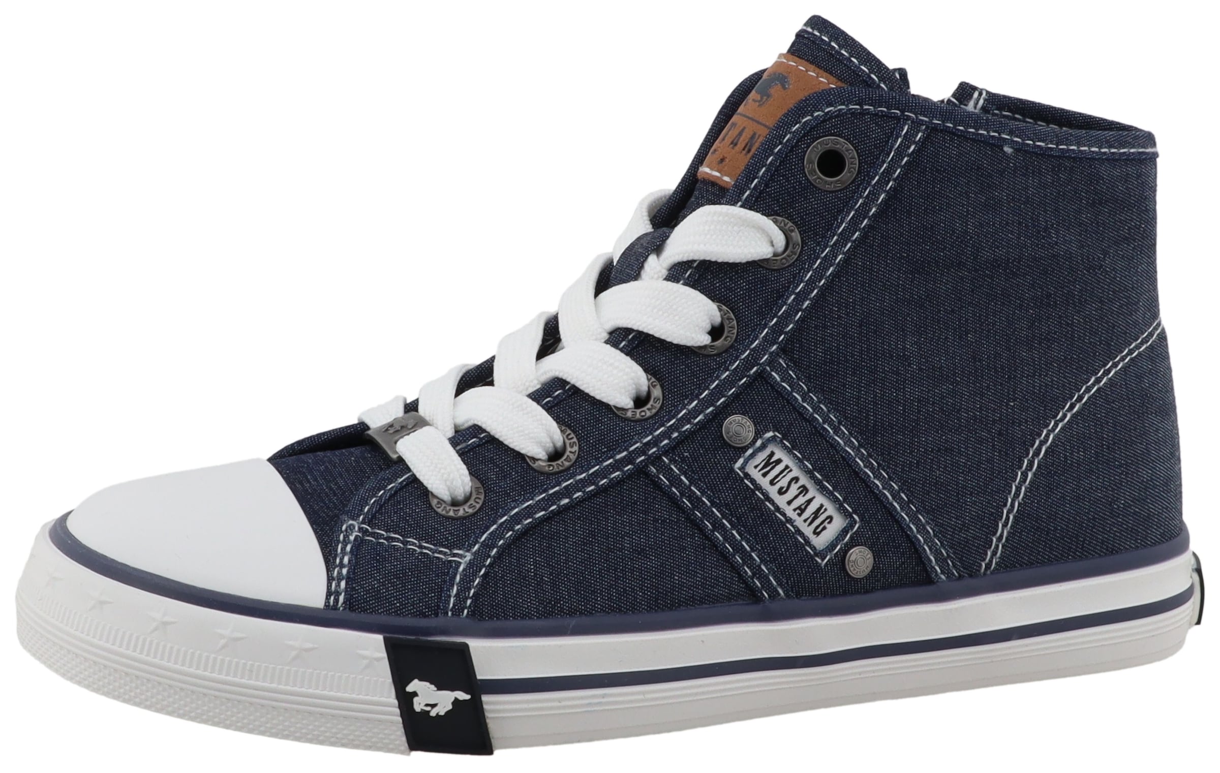Sneaker MUSTANG SHOES "Gaspare", Mädchen, Gr. 34, navy, Baumwolle, Schuhe Sneaker, Freizeitschuh, Schnürboots, High Top-Sneaker mit Nieten