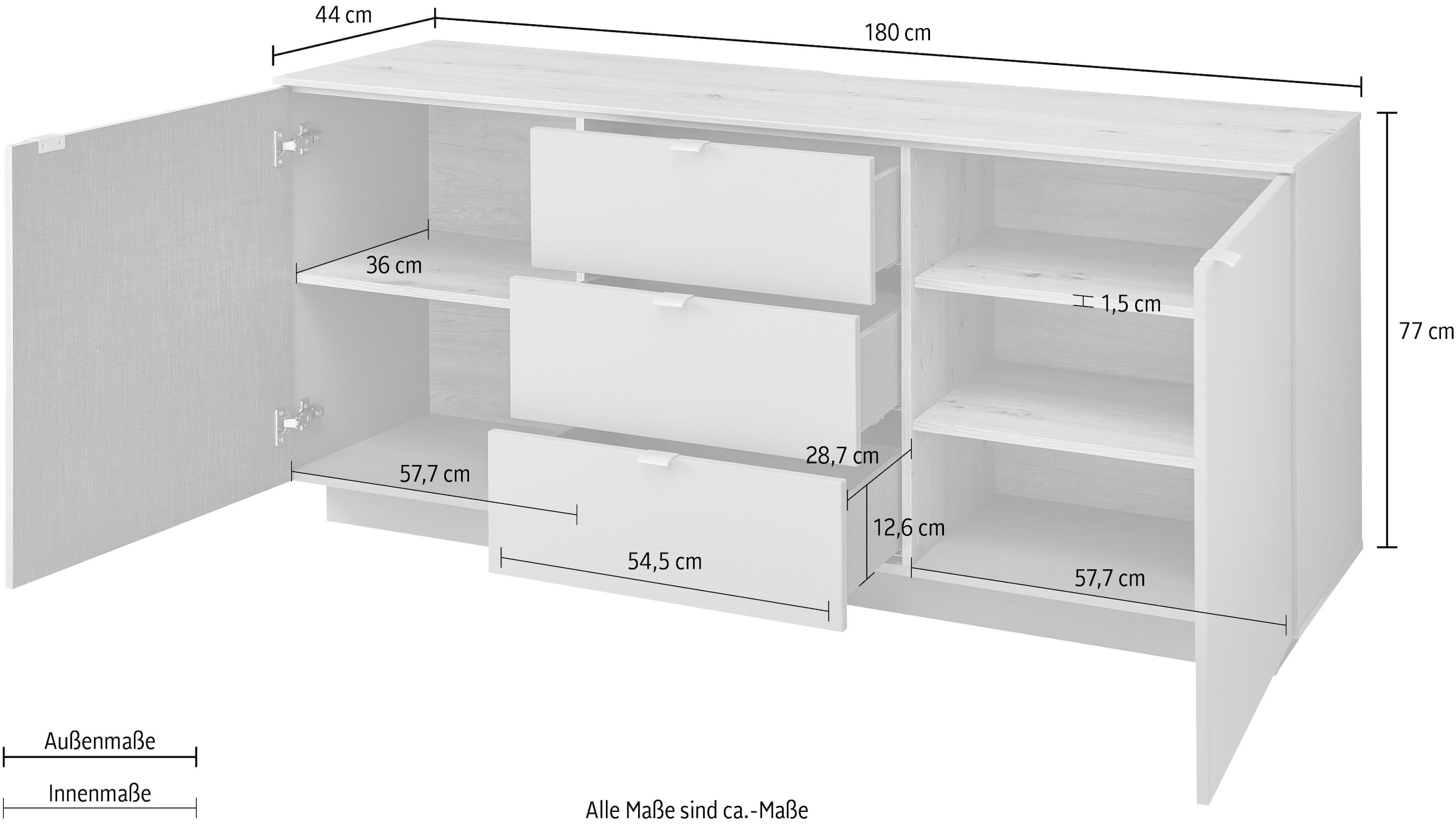 Innostyle TV-Schrank »Core, TV-Sideboard Stellmaß B/H/T 180x77x44 cm«, (1 St.), TV-Sideboard mit 2 Holztüren und 3 Schubkästen