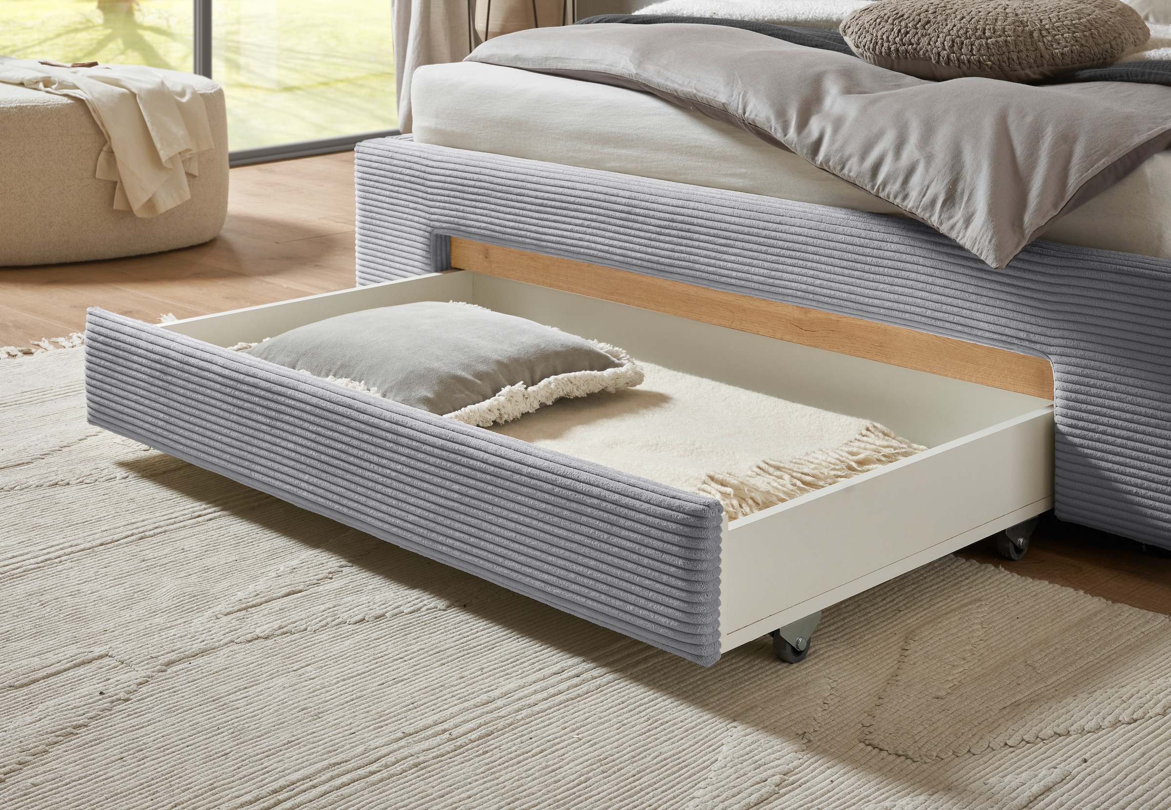 INOSIGN Polsterbett »CiTY/GiRON, Bettgestell mit Bettkasten, gepolstertes Stauraumbett«, mit Hundebett oder Stauraumschublade, Bezug Cord-oder Leinenoptik