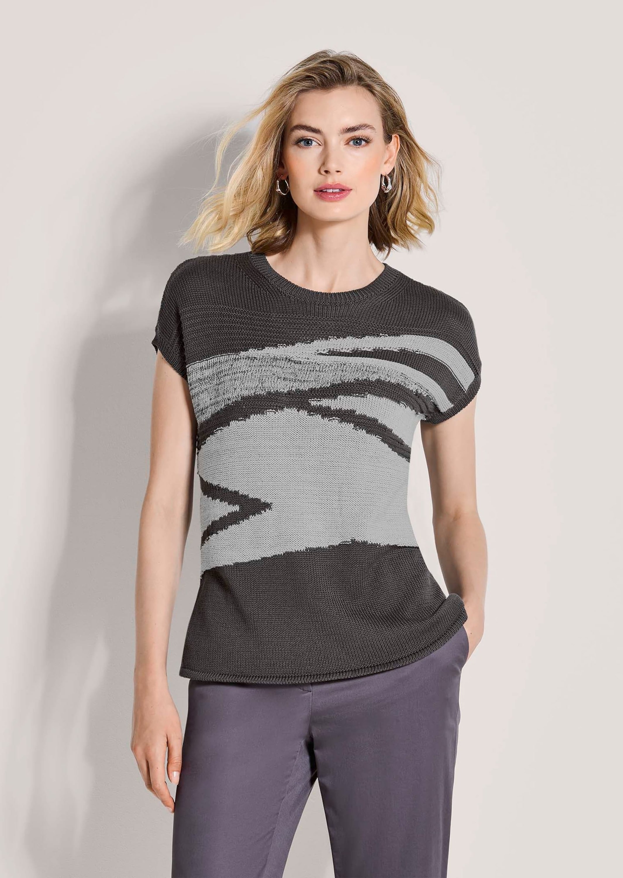 MADELEINE Longpullover »Stricktop Baumwollshirt mit Intarsien-Design« mit Glanzgarn