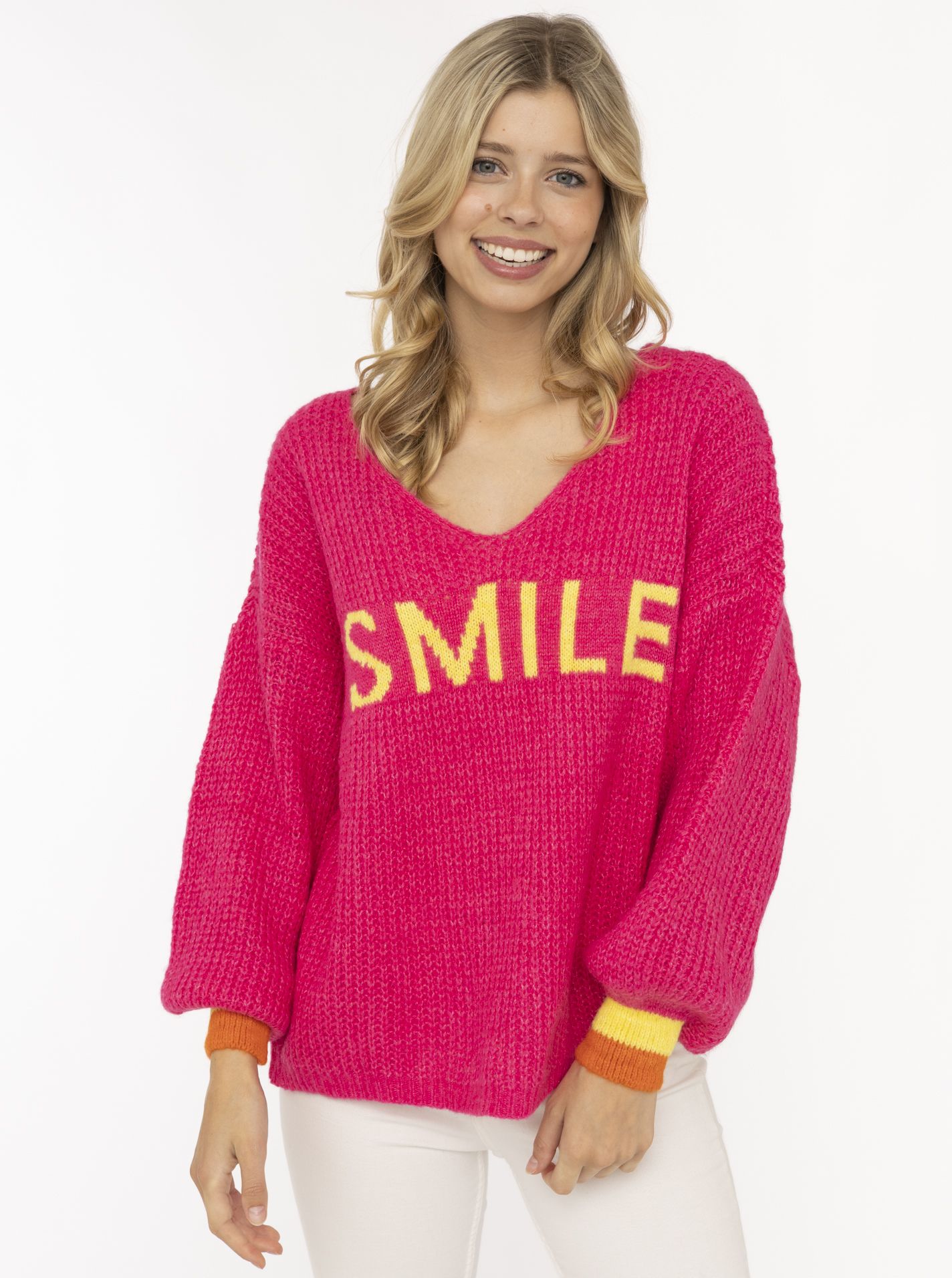 Zwillingsherz Strickpullover ""Smile"" Langarm, One Size, V-Ausschnitt, Neon-Details, Schriftzug