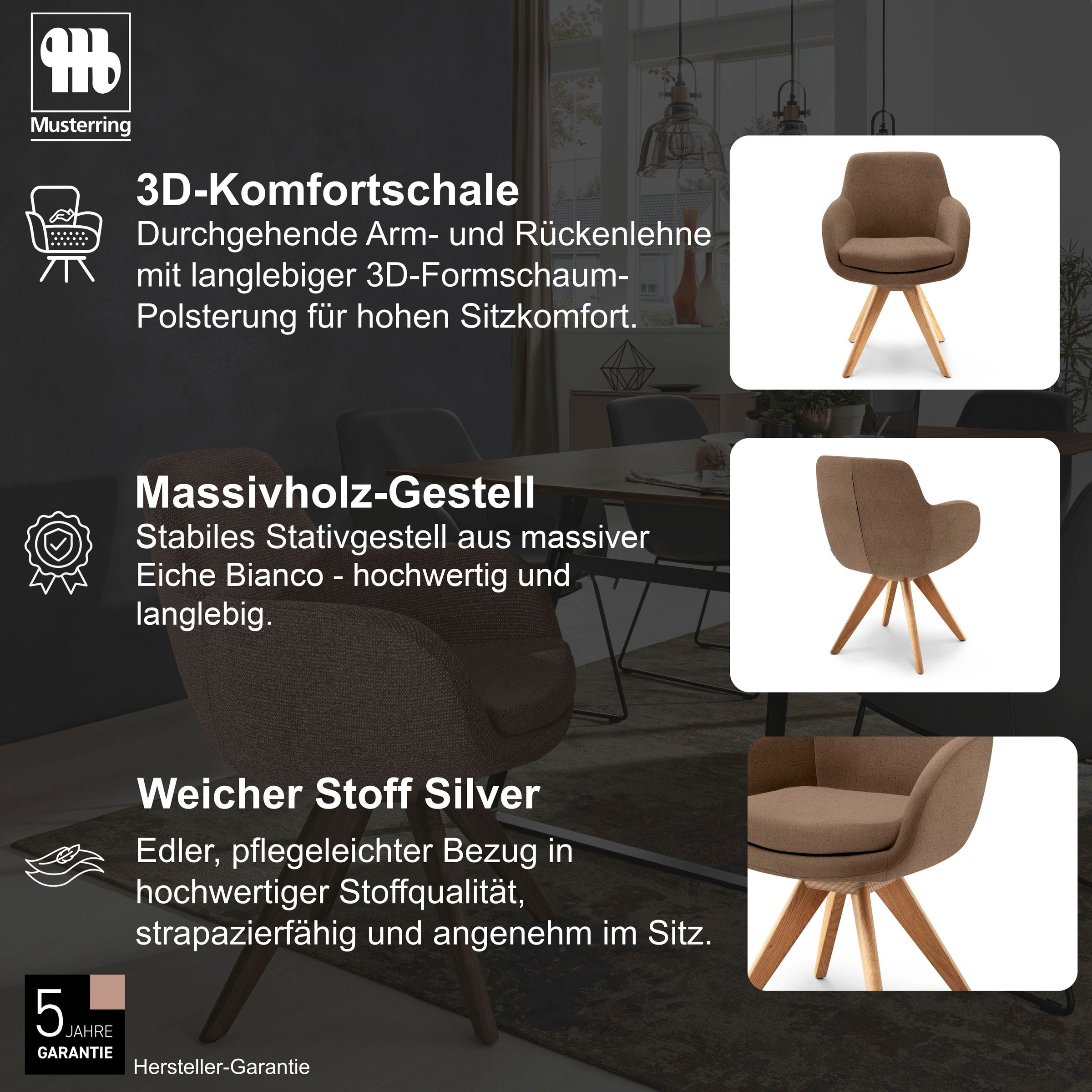 Esszimmerstuhl MUSTERRING "Tavia", braun (caramel, eiche bianco), B:62cm H:86cm T:66cm, Stühle, Esszimmerstuhl, Stativgestell Eiche Bianco, Drehfunktion optional, diverse Farben 2