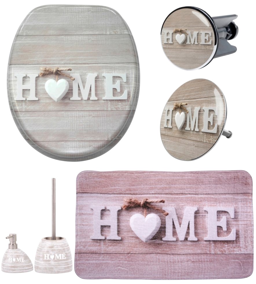 Badaccessoire-Set SANILObeige, natur, Massivholz, Polyester, Polyresin (Kunststein), Badaccessoires-Sets, "Home", bestehend aus WC-Sitz, Badteppich,