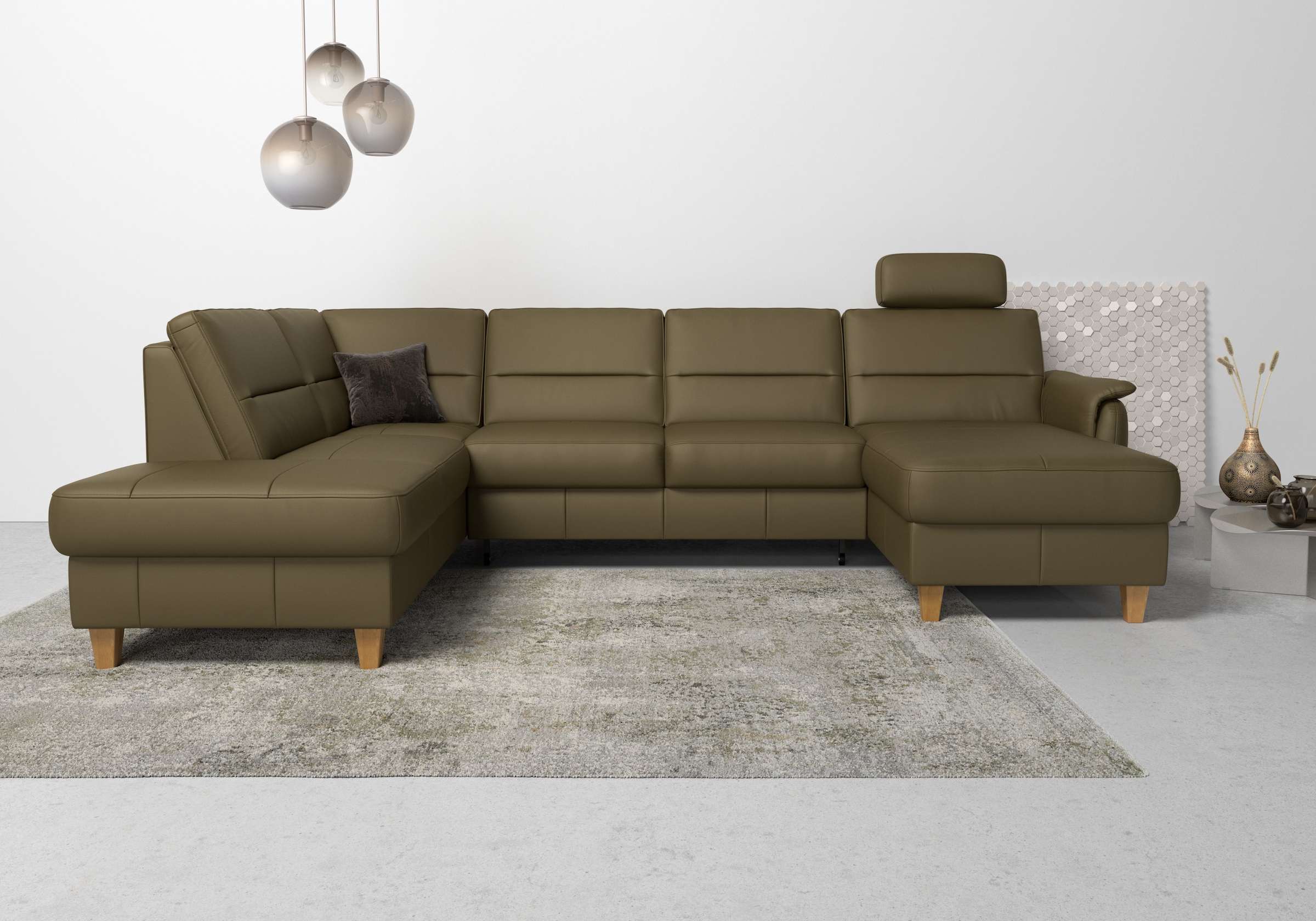 Home affaire Wohnlandschaft "Palmera U-Form, B: 308 cm, große Stoff + Leder Auswahl" mit Schlaffunktion & Bettkasten, Federkern, XXL-Wohnlandschaft