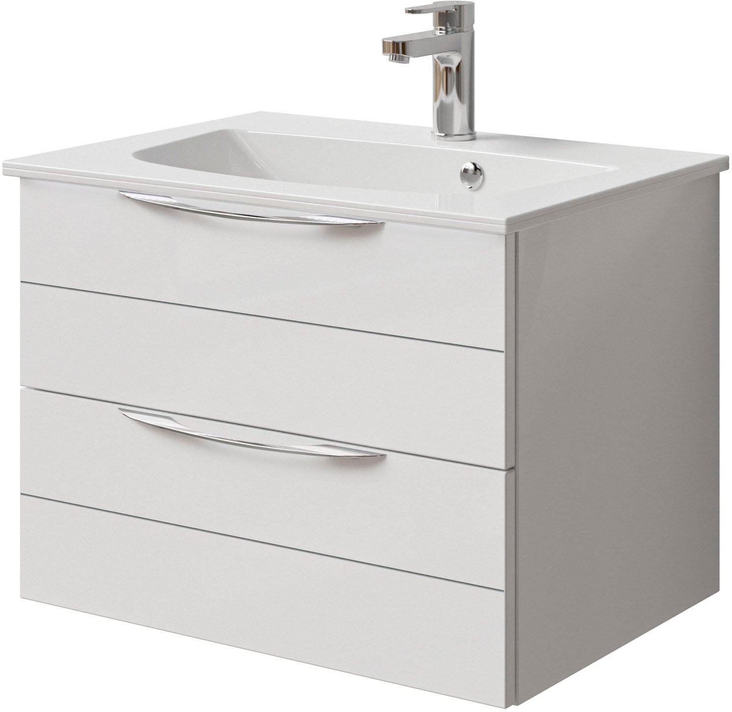 Saphir Badmöbel-Set »Serie 6025 2-teilig Mineralmarmor-Waschtisch mit LED-Spiegelschrank«, (2 St.), Waschplatz 67 cm breit, 2 Schubladen, 2 Spiegel-Türen, inkl Türdämpfer