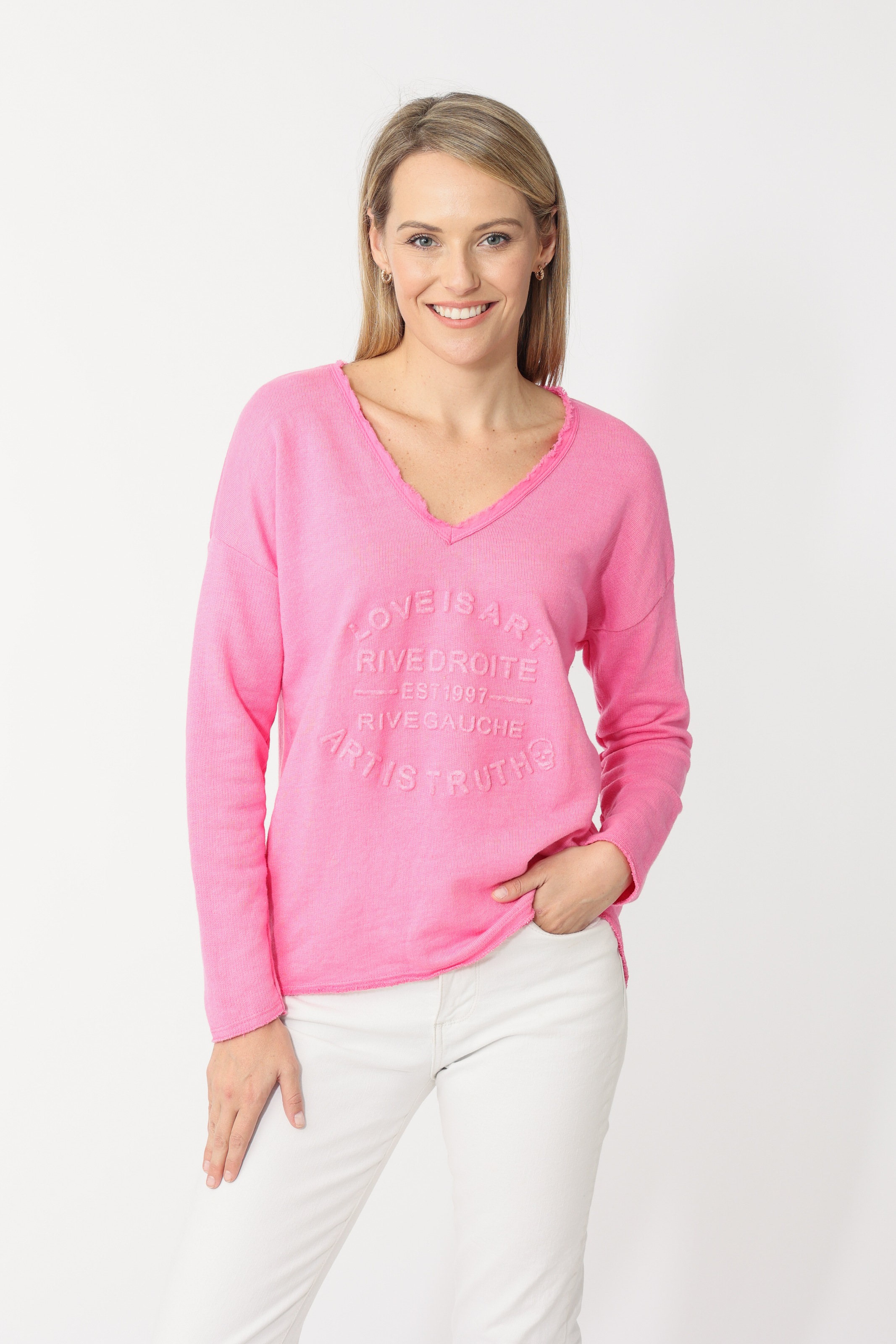 Zwillingsherz Sweatshirt, ausgefranster V-Ausschnitt, Vintage Look, Langarm günstig online kaufen