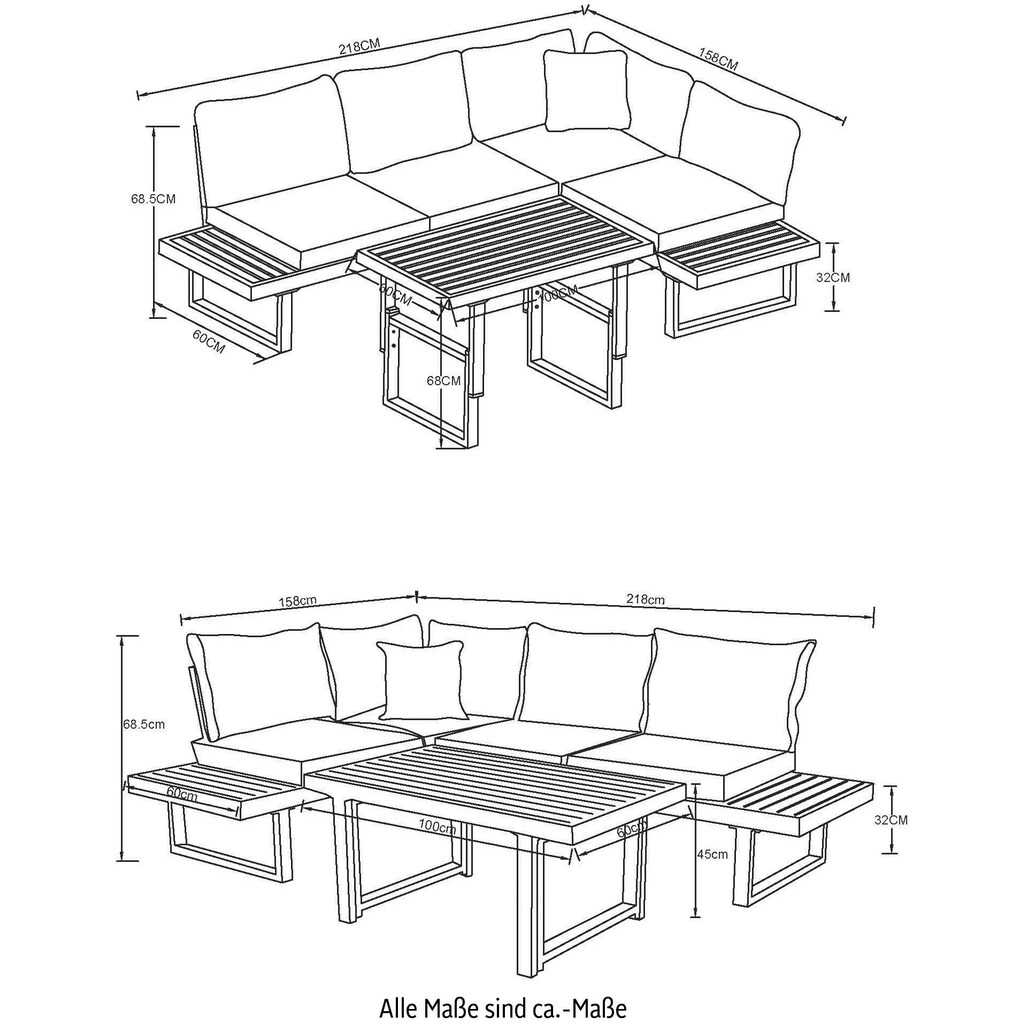 KONIFERA Gartenlounge-Set »Hamburg«, (Set, 14 tlg., Tisch:100x60x60/40cm,abnehmbare Rückenlehnen,individuell aufstellbar), höhenverstellbarer Tisch, inkl. Schutzhülle, Aluminiumgestell