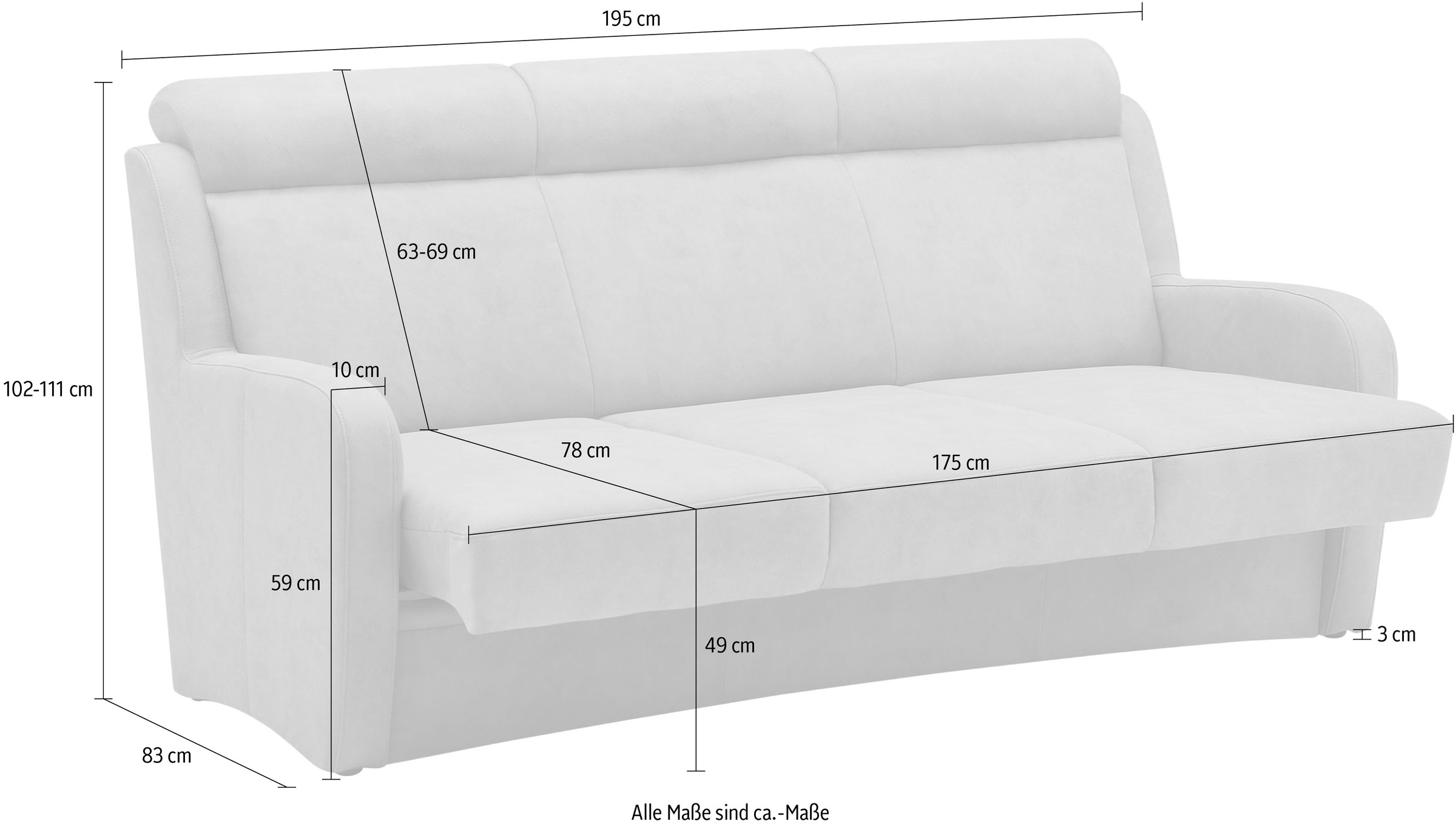VILLA BECK 3-Sitzer »Varese«, (1 St.), Kopfteilverstellung, wahlweise mit Sitzvorzug, in Sitzhöhe 49 cm