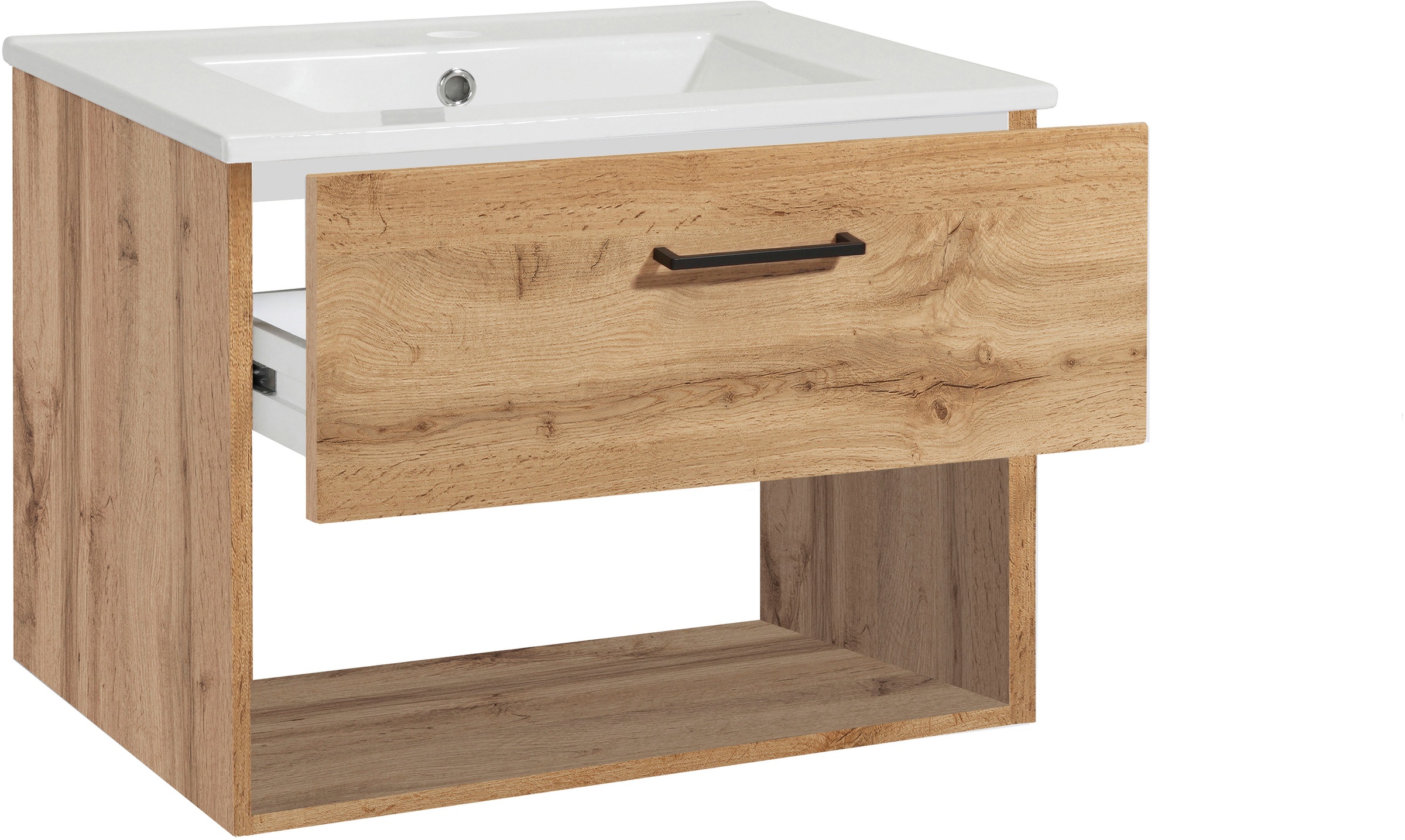 welltime Waschtisch »Trento Light mit Keramik-Auflagebecken«, 1 Auzug und 1 offenes Fach, Breite: 61cm, Wotaneiche