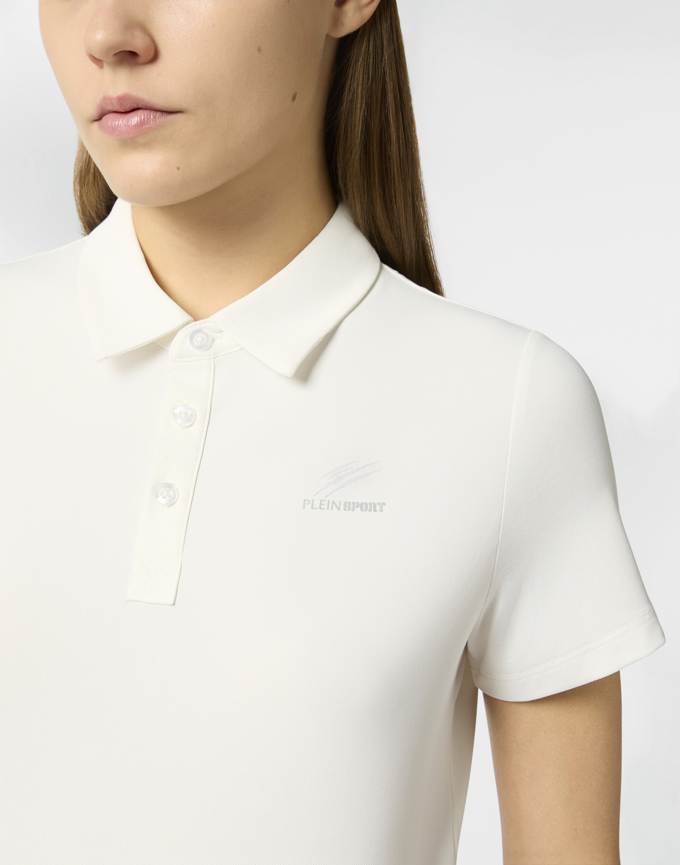 Poloshirt PLEIN SPORT "Pique Polo T-Shirt Reflective Scratch", Damen, Gr. S, 01, weiß, Obermaterial: 95% Polyester, 5% Elasthan, Shirts 2
