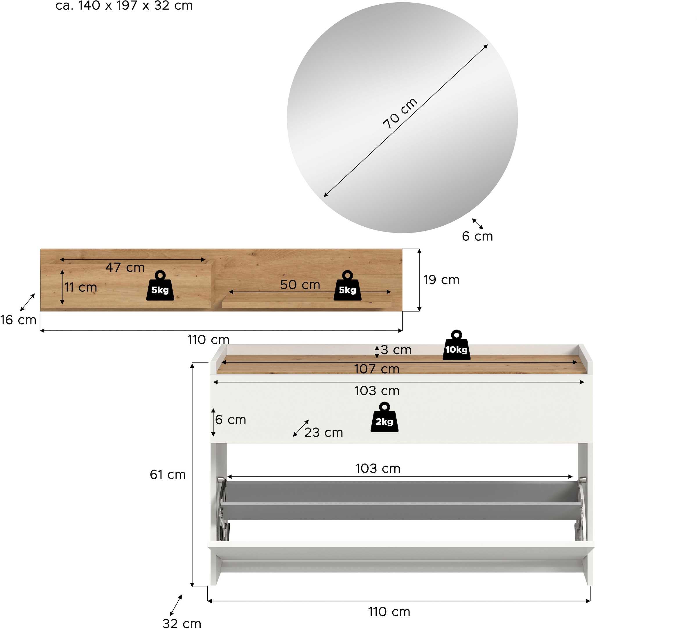 INOSIGN Garderoben-Set »EVRID, 3-teilig, Breite 140 cm, individuell hängbar & erweiterbar« best. aus: Kommode, Wandboard & Spiegel, 3 Stk. tlg.