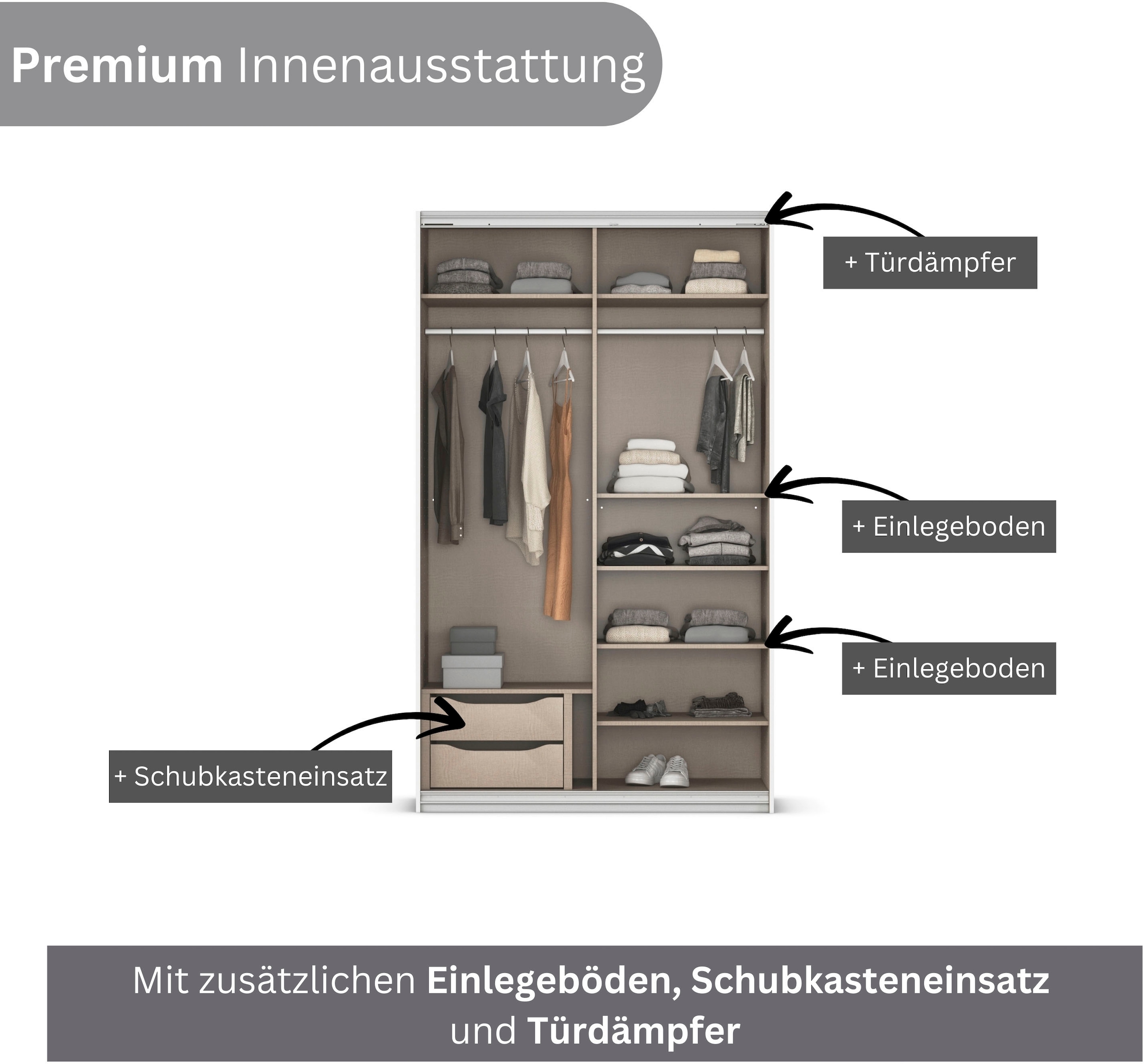 INOSIGN BY RAUCH Schwebetürenschrank »Kleiderschrank Schrank Garderobe Schlafzimmerschrank THANOS«, (in 3 verschiedenen Ausstattungen BASIC/CLASSIC/PREMIUM), Optional mit Spiegel, Metall-Griffleisten alufarben MADE IN GERMANY