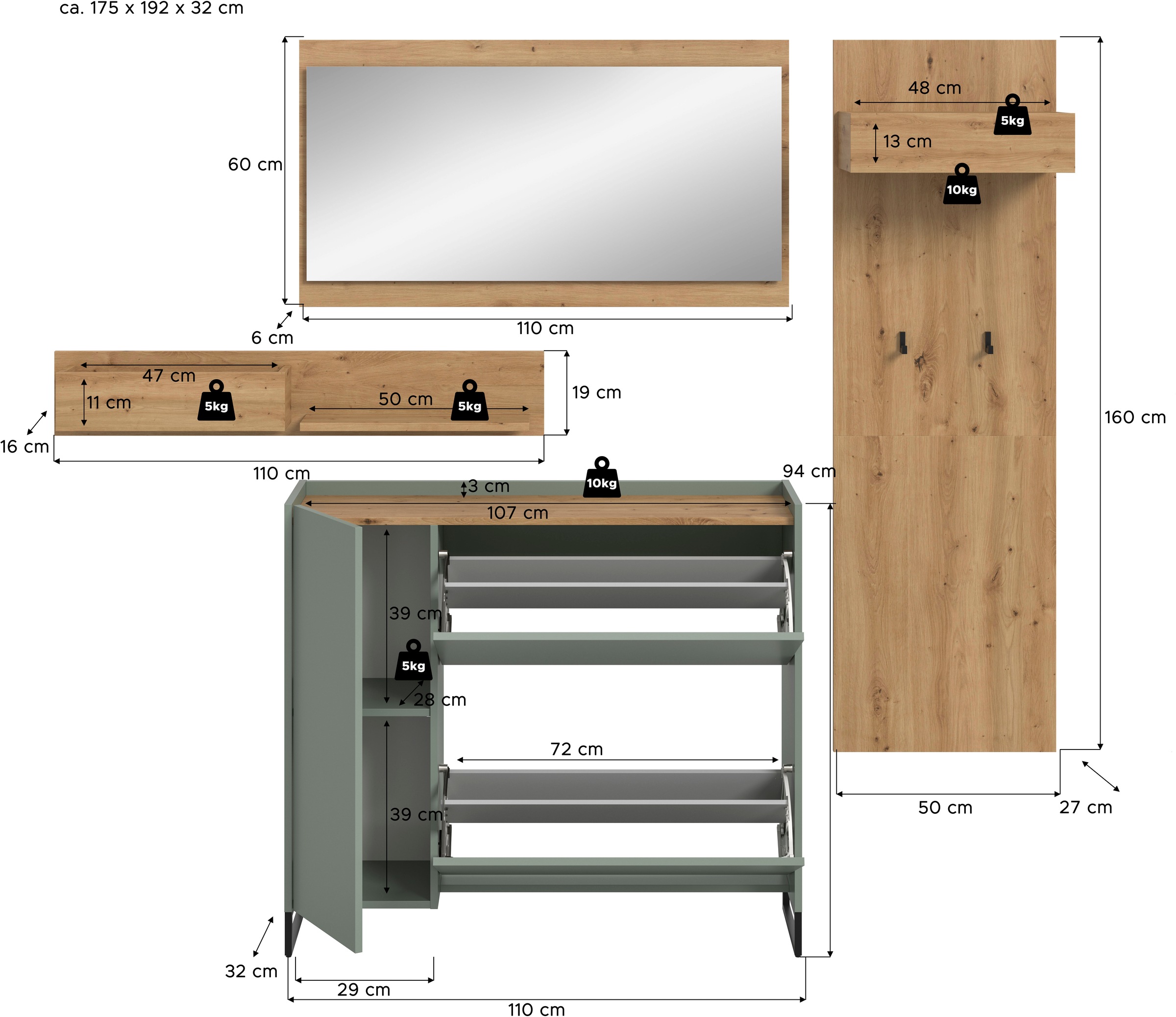 INOSIGN Garderoben-Set »EVRID, 3-teilig, Breite 175 cm, individuell stellbar & erweiterbar« best. aus: Kommode, Spiegel und Garderobenpaneel, 4 Stk. tlg.